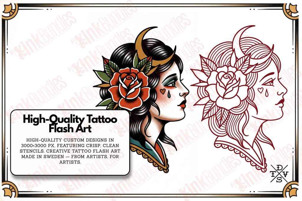 The Gilded Ladies - Tattoo flash art, Procreate brushset, traditional / old school Stencils & references