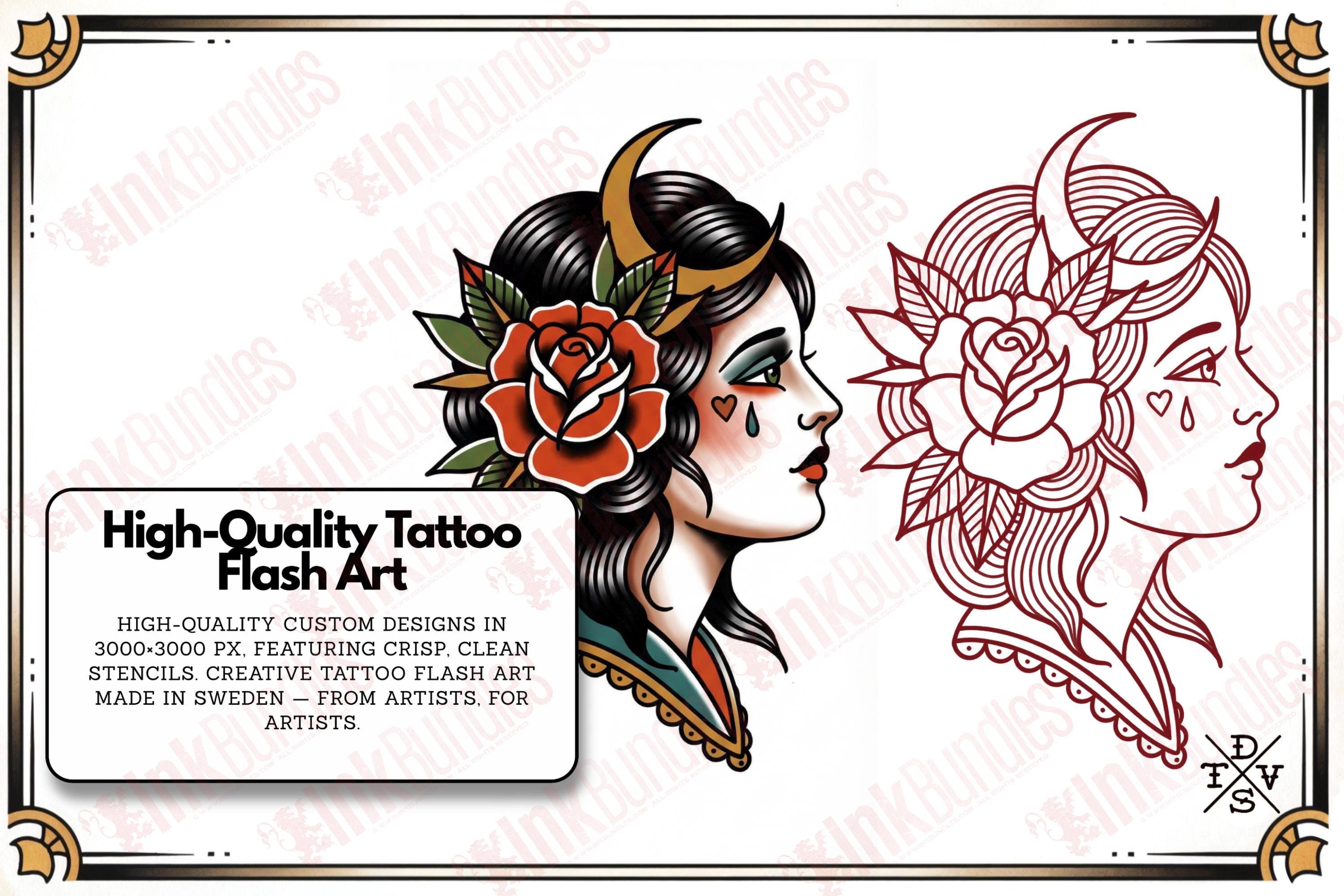 The Gilded Ladies - Tattoo flash art, Procreate brushset, traditional / old school Stencils & references