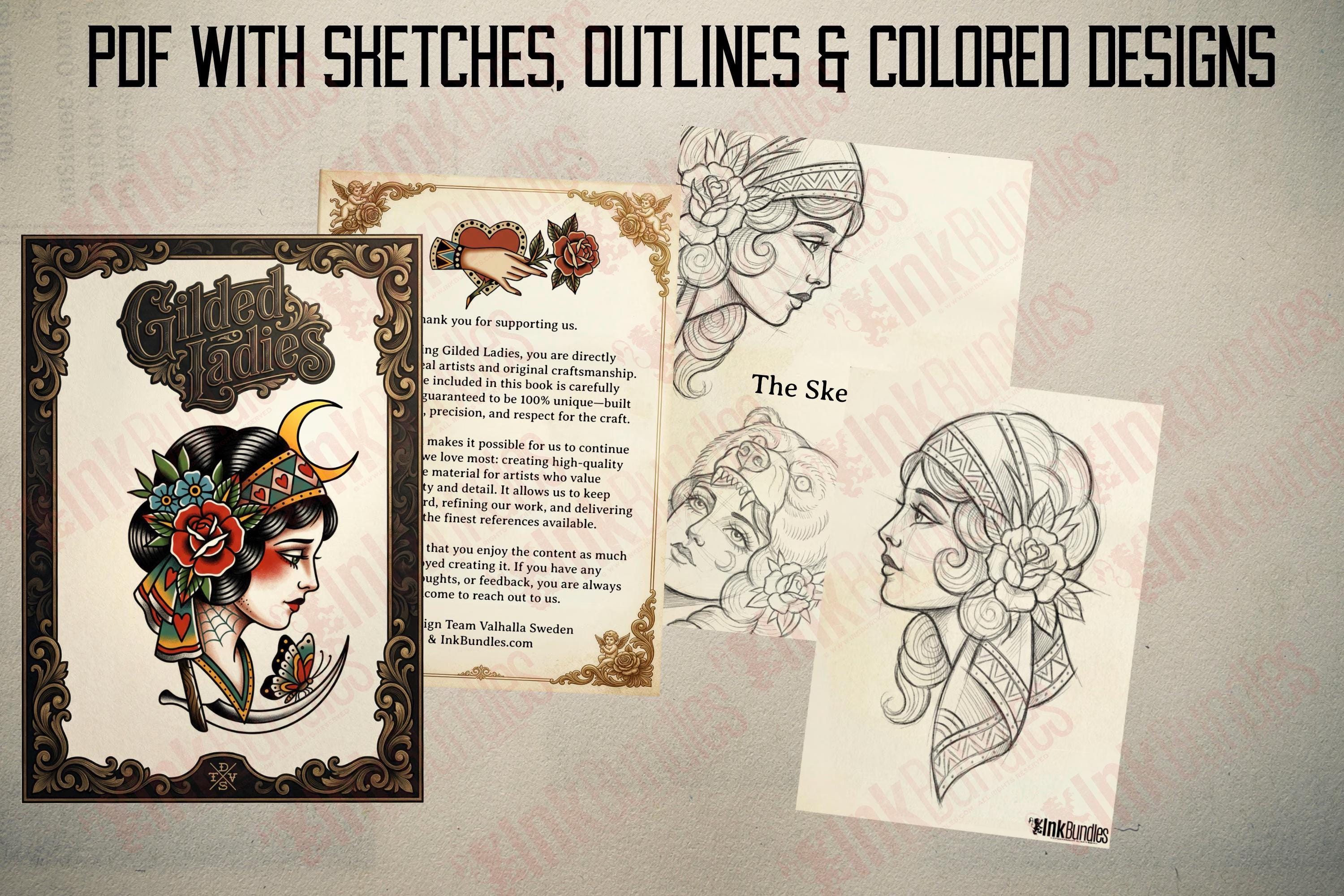 The Gilded Ladies - Tattoo flash art, Procreate brushset, traditional / old school Stencils & references