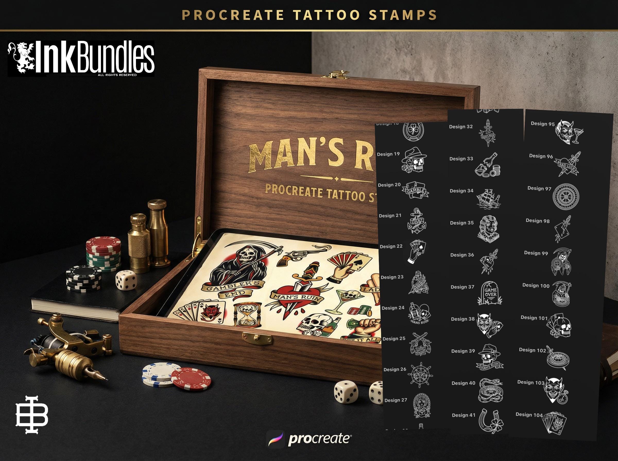 Traditional Gambling Casino Tattoo Design kit - Procreate | 113 Classic Mans ruin Tattoo stencils