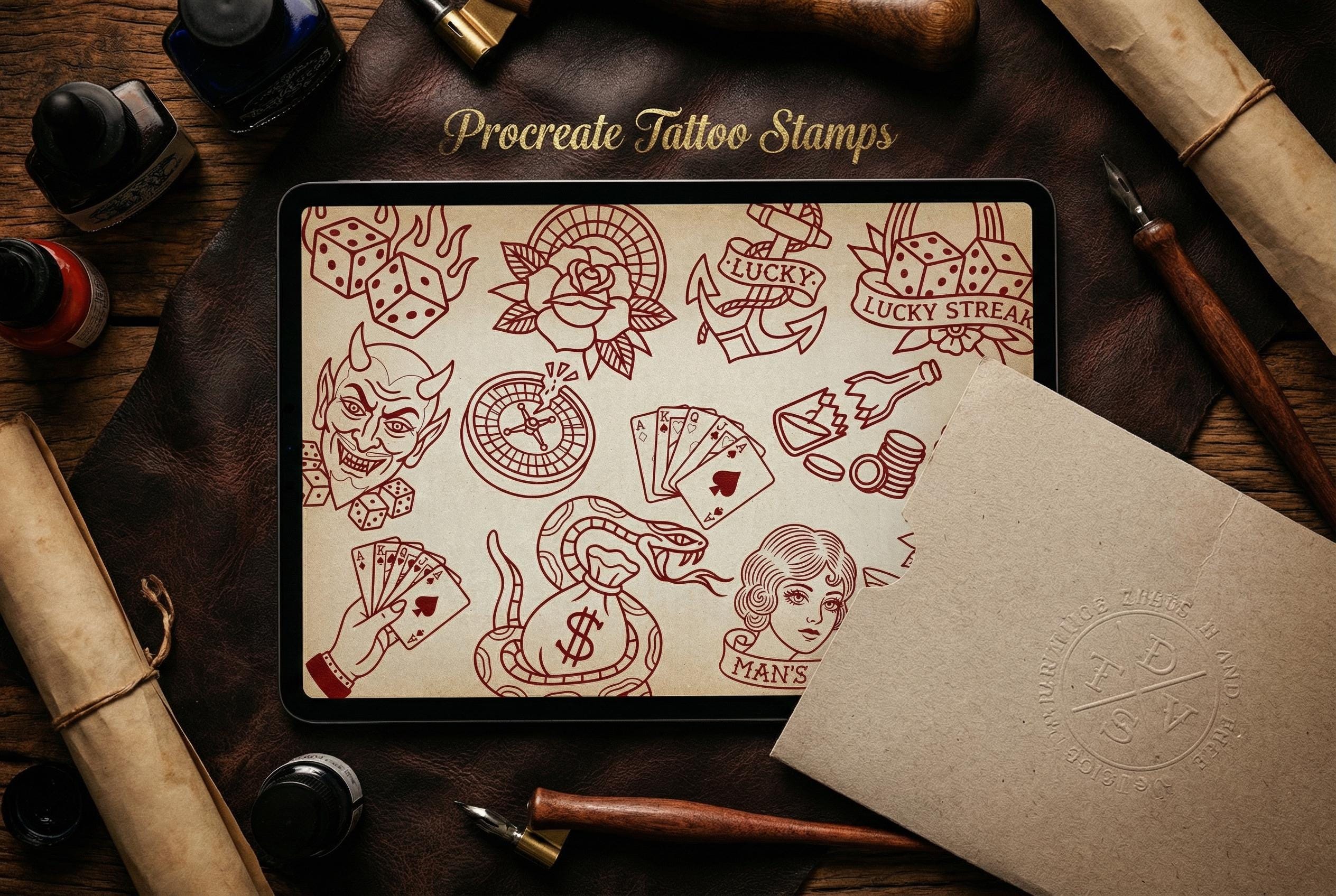 Traditional Gambling Casino Tattoo Design kit - Procreate | 113 Classic Mans ruin Tattoo stencils
