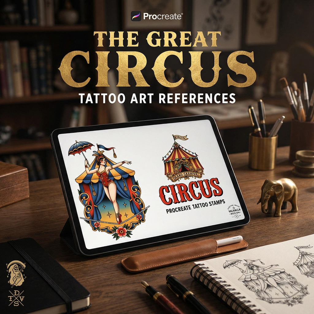 Procreate, png & PDF Tattoo Stamp Brushes, The Circus (100+ Designs) - (Digital Download)
