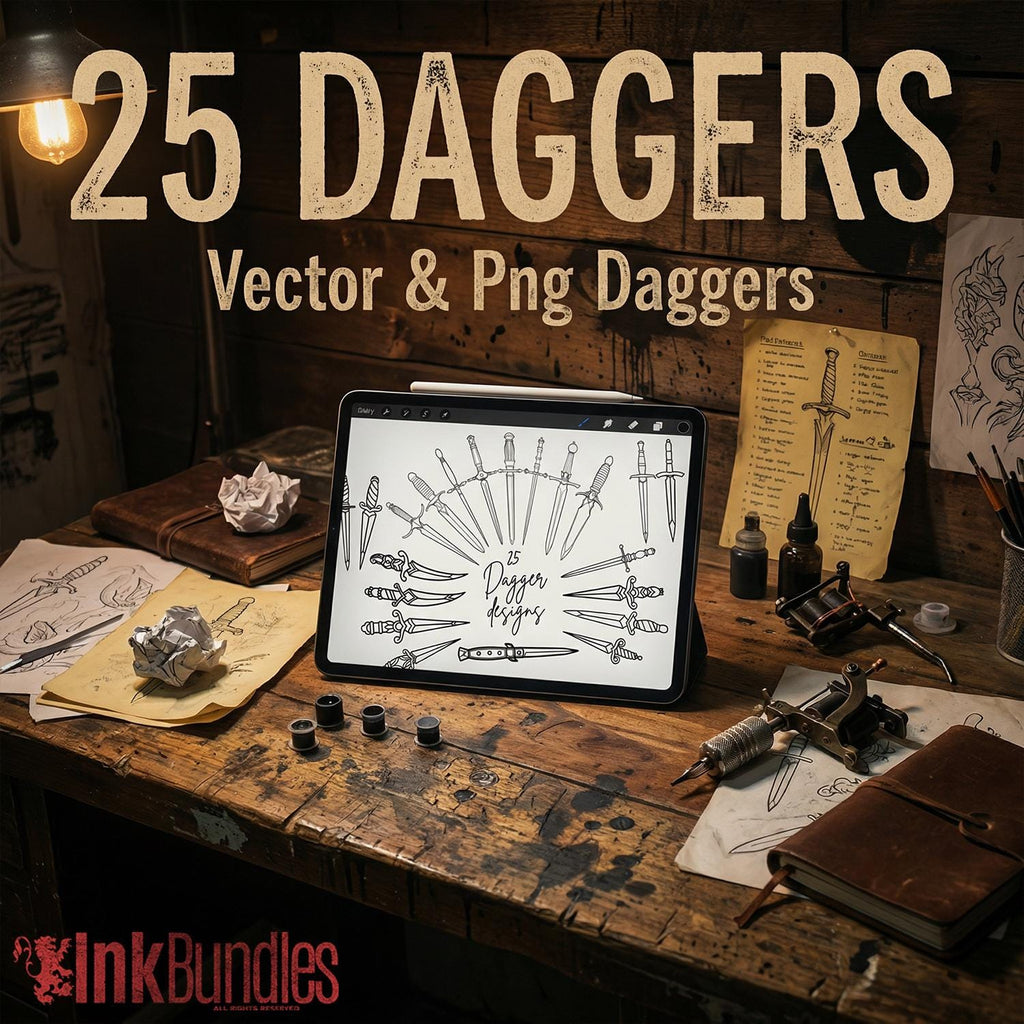 Dagger Tattoo Clipart, Outlined Dagger Designs (AI, SVG, PNG)