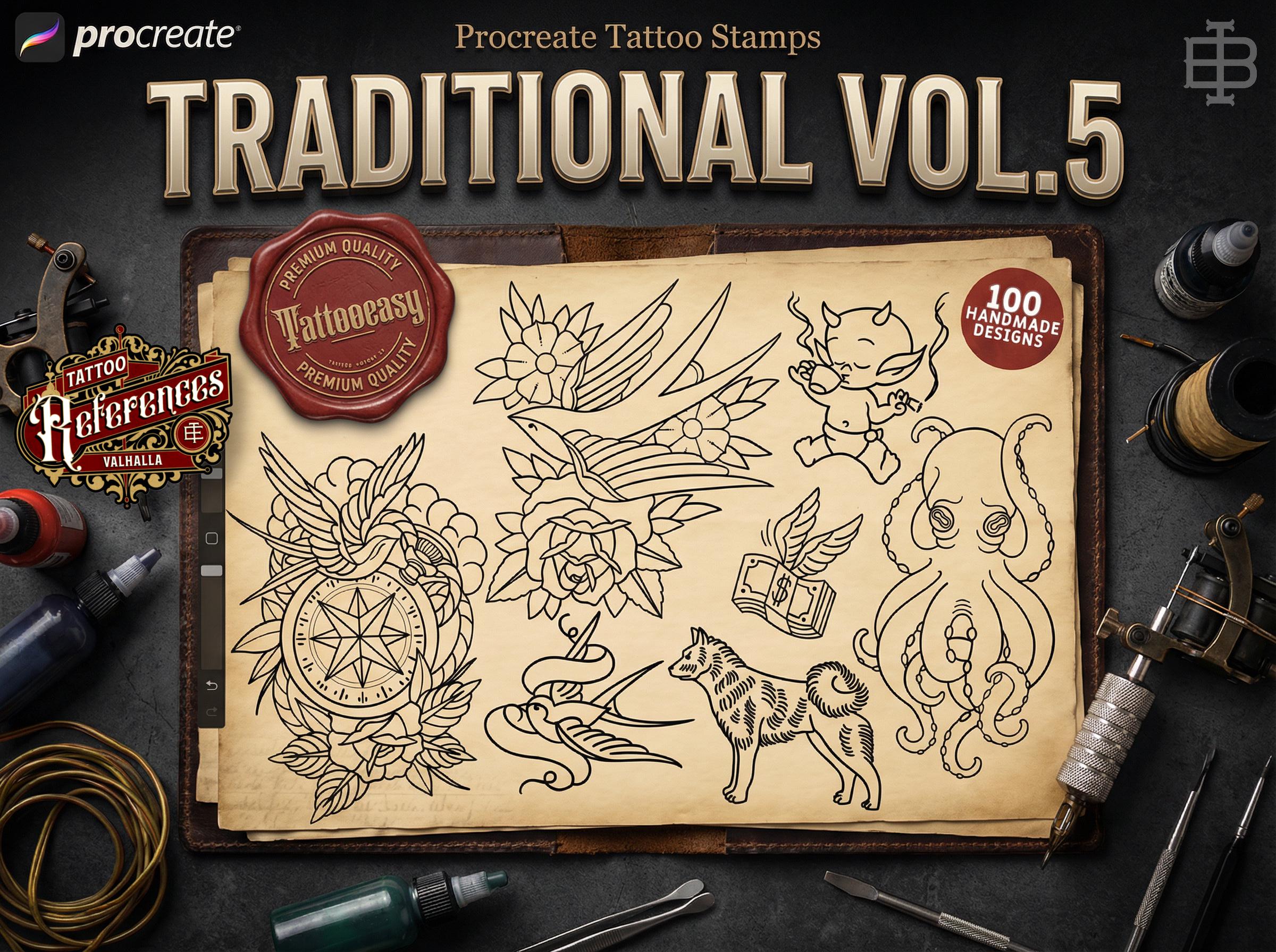 Traditional Tattoo Procreate Stamp brushes, Vol. 5, 100 Designs (Digital Download) studio stencils