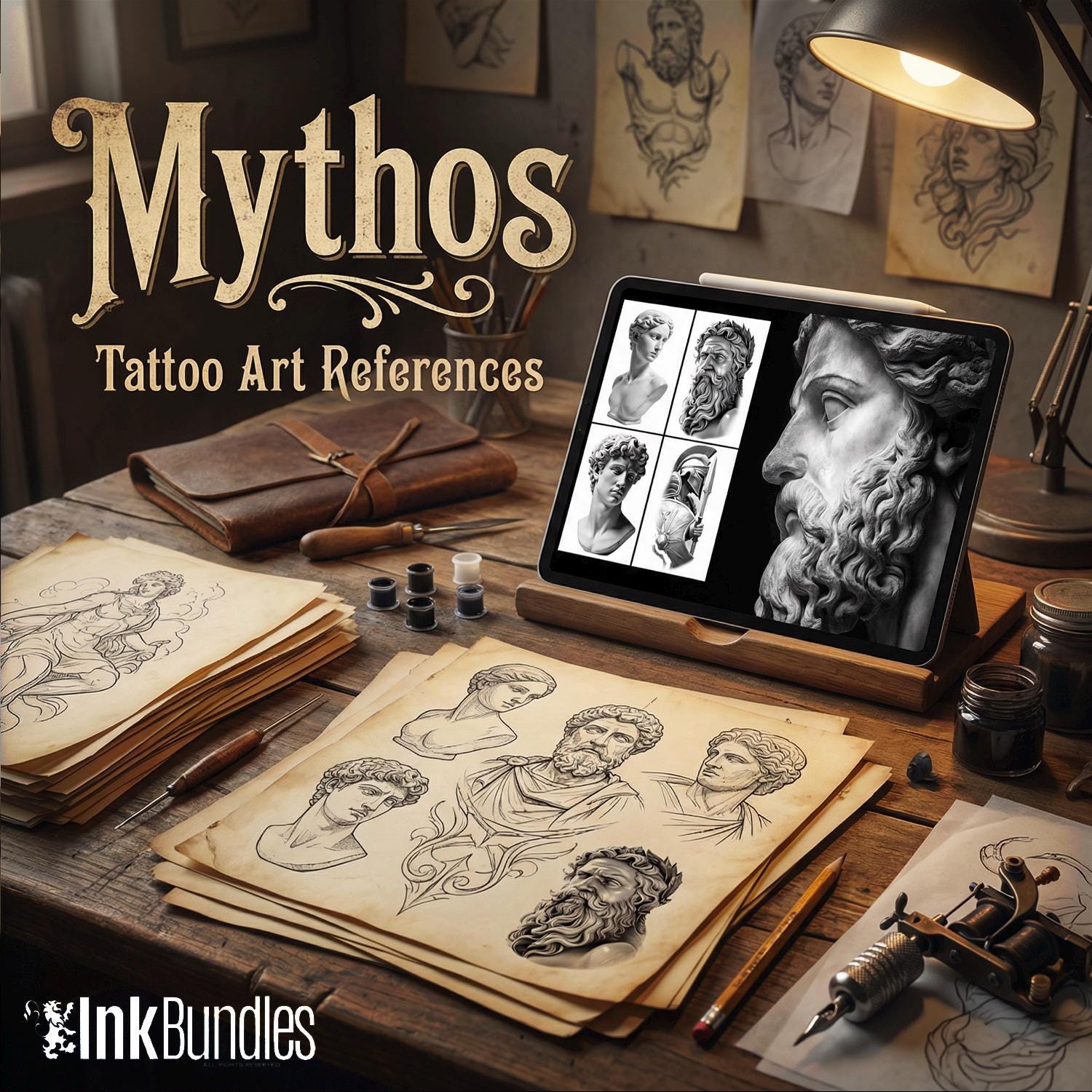 Greek Mythology Tattoo Art: Procreate Stamps, SVG, PNG (2500+ Elements)