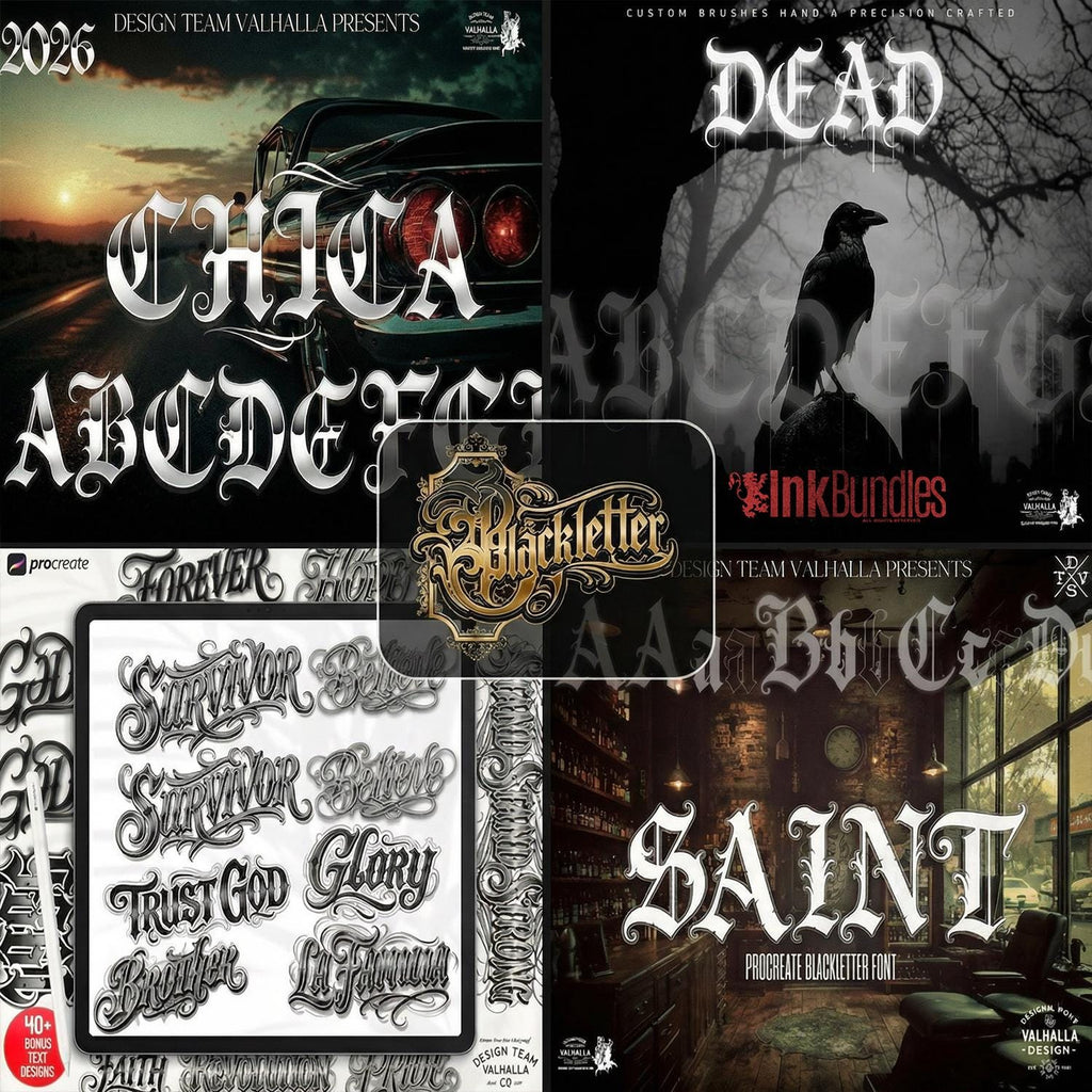 Blackletter Procreate Stamp Brushes | Gothic Tattoo Lettering Design Kit