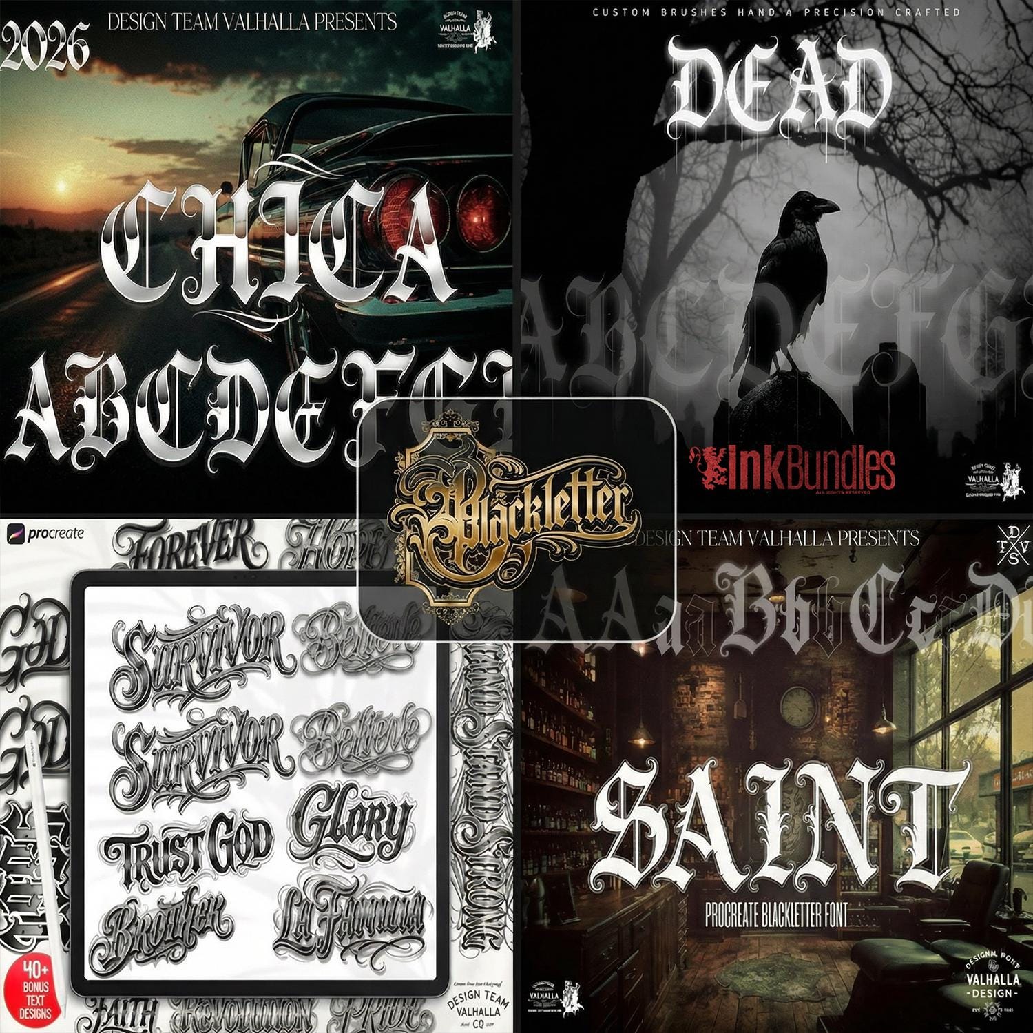 Blackletter Procreate Stamp Brushes | Gothic Tattoo Lettering Design Kit