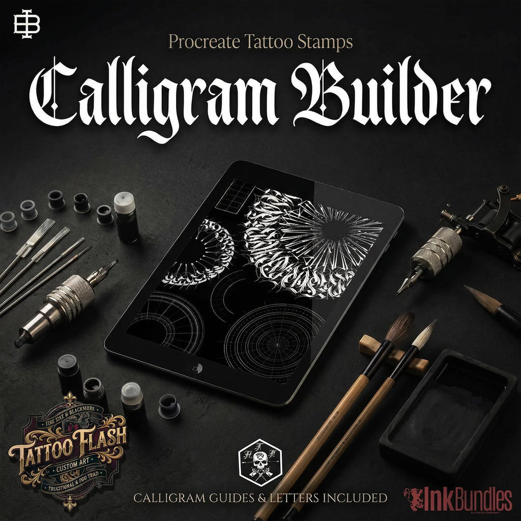 The calligram builder set, black letter brushes, goth alphabet, guides & more