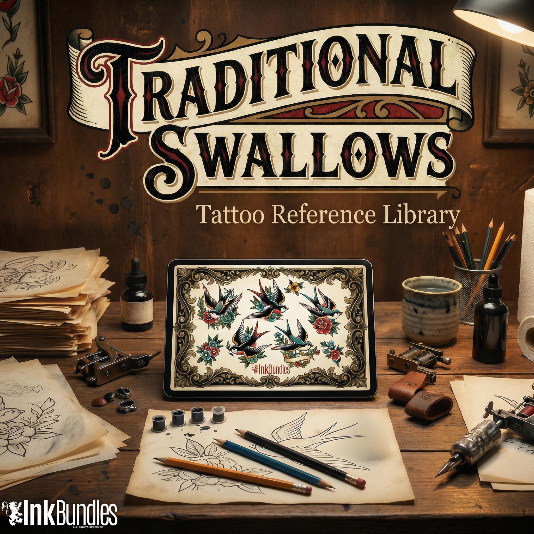 Traditional Swallows Tattoo Design kit - Procreate | 100+ Classic Swallow Tattoos, Old School Stencils