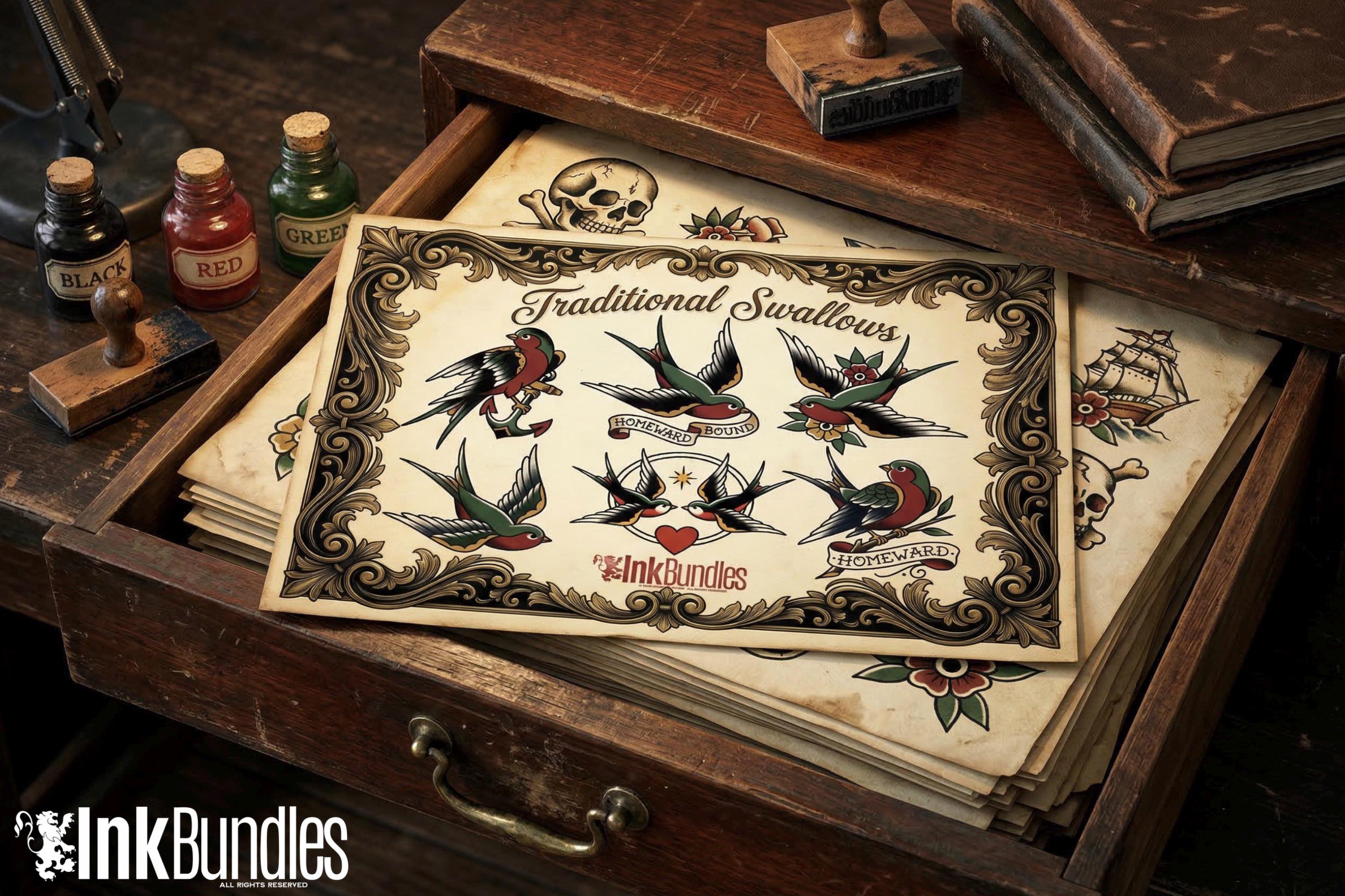 Traditional Swallows Tattoo Design kit - Procreate | 100+ Classic Swallow Tattoos, Old School Stencils