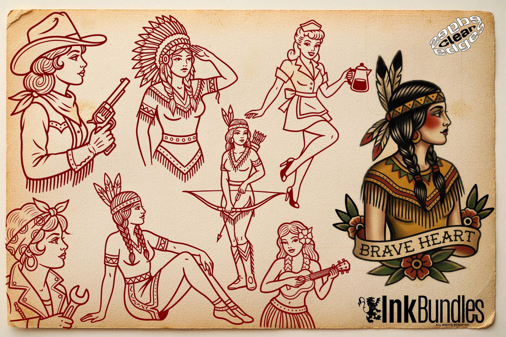 Traditional Pinup Design kit - Procreate | 150+ Classic old-scool , stencils ( digital download ) Tattoo Flash Art