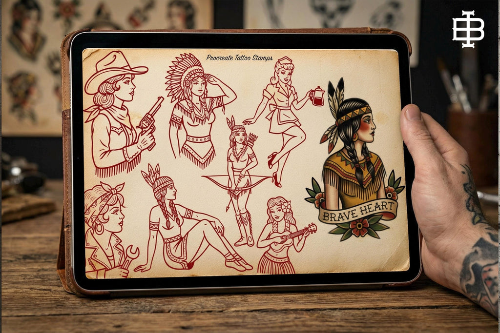 Traditional Pinup Design kit - Procreate | 150+ Classic old-scool , stencils ( digital download ) Tattoo Flash Art