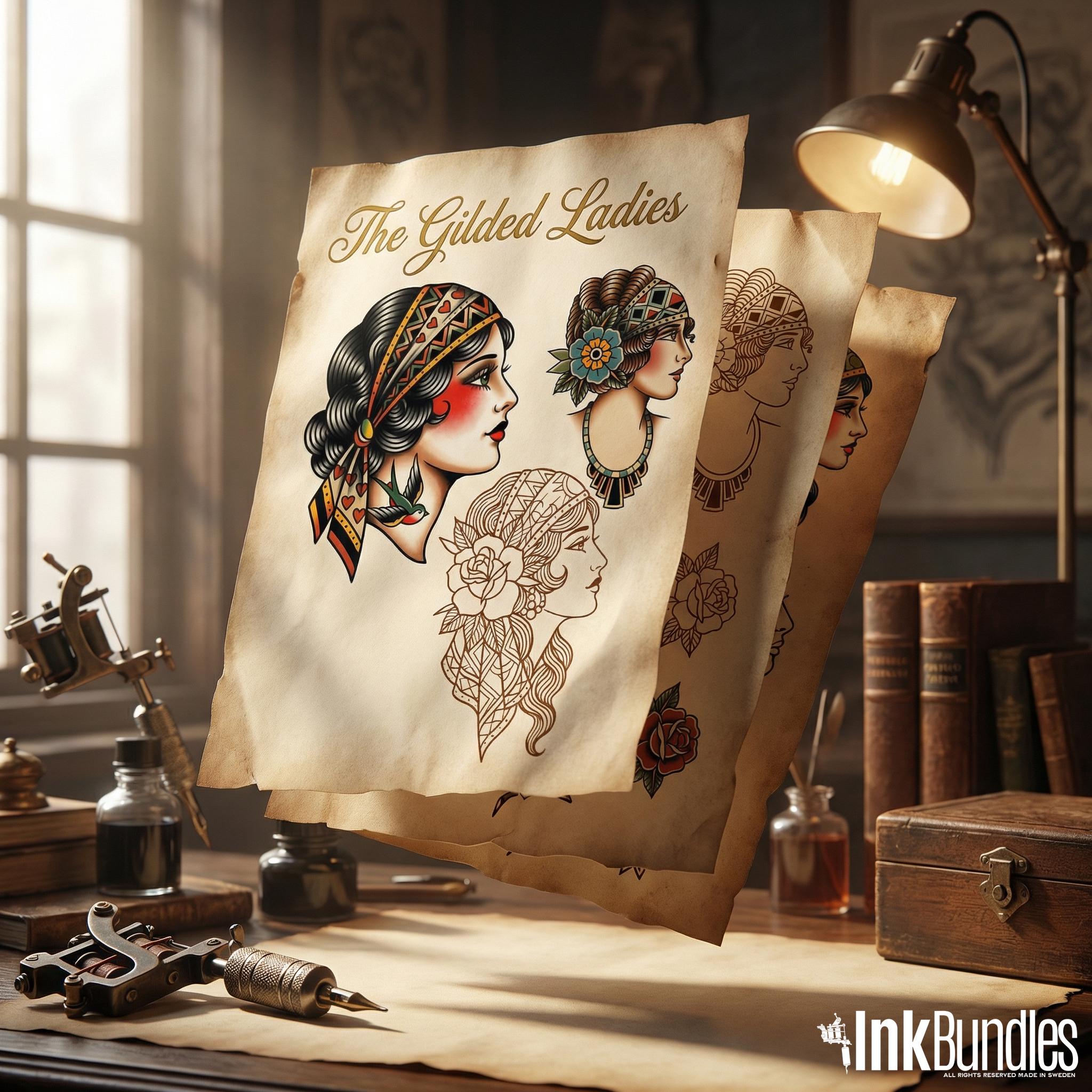 Traditional Ladies Tattoo Flash PDF eBook | Neo-Traditional Girl Stencils | Old School References & Coloring Pages