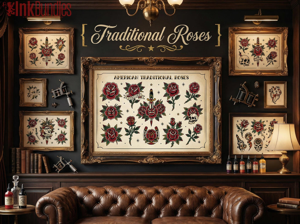 Traditional Tattoo Roses, 42 custom Procreate Stamps, artists reference library