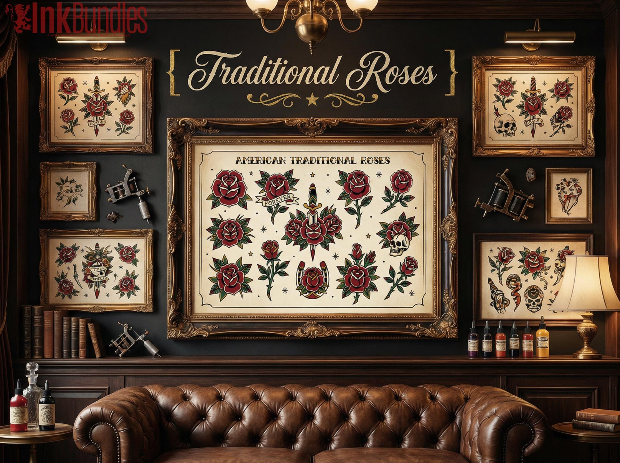 Traditional Tattoo Roses, 42 custom Procreate Stamps, artists reference library