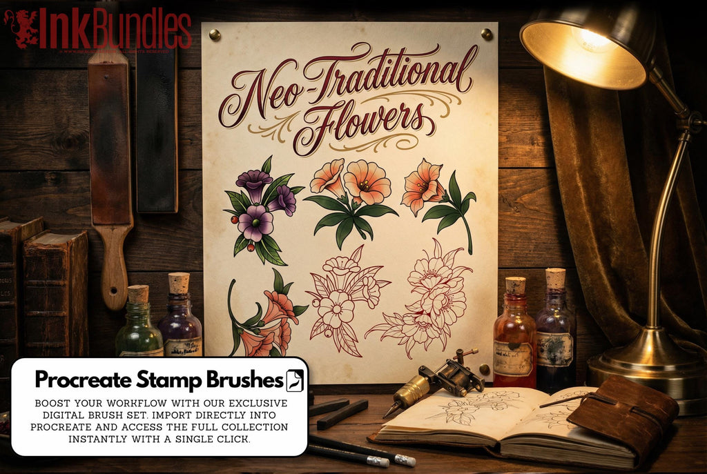 Neo-traditional flowers 1 - custom art, digital download Procreate/Photoshop/vector Stencils