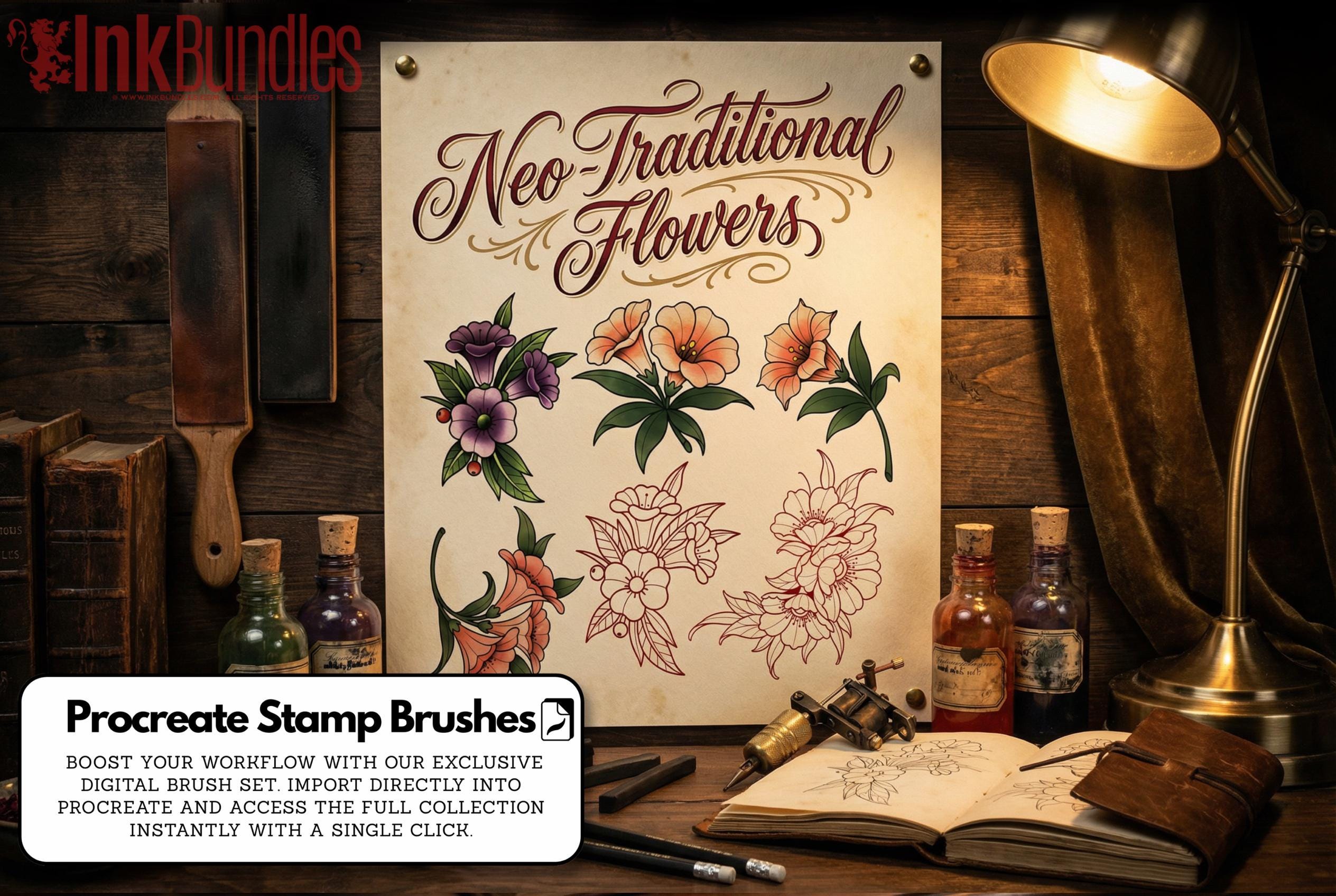 Neo-traditional flowers 1 - custom art, digital download Procreate/Photoshop/vector Stencils