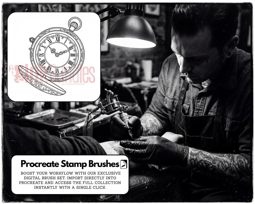 Clock Compass Procreate Brushes, Pocket Watch Tattoo Stencils, Timepiece Stamps Digital Download