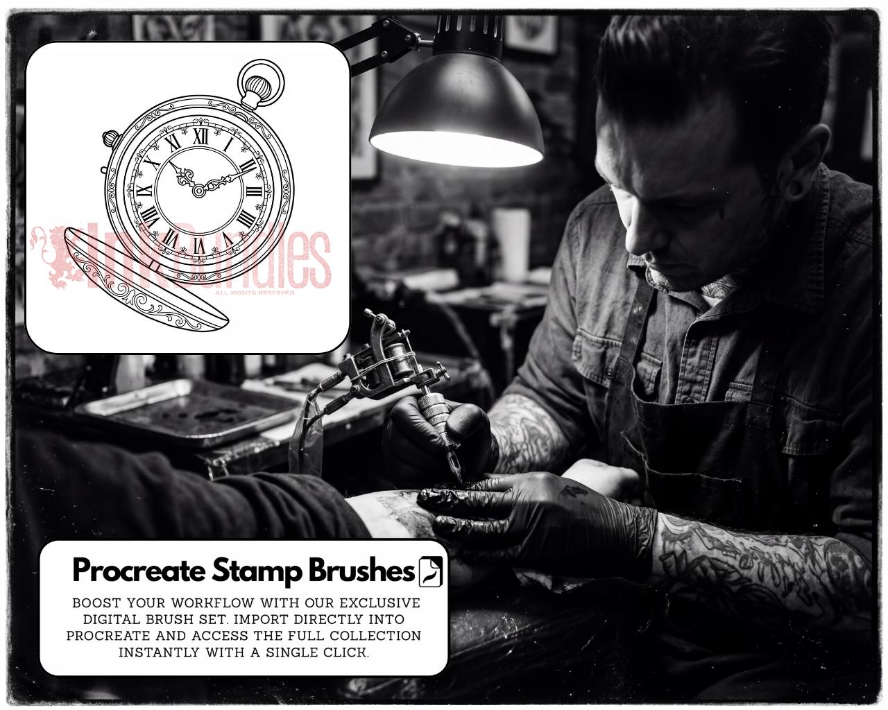 Clock Compass Procreate Brushes, Pocket Watch Tattoo Stencils, Timepiece Stamps Digital Download