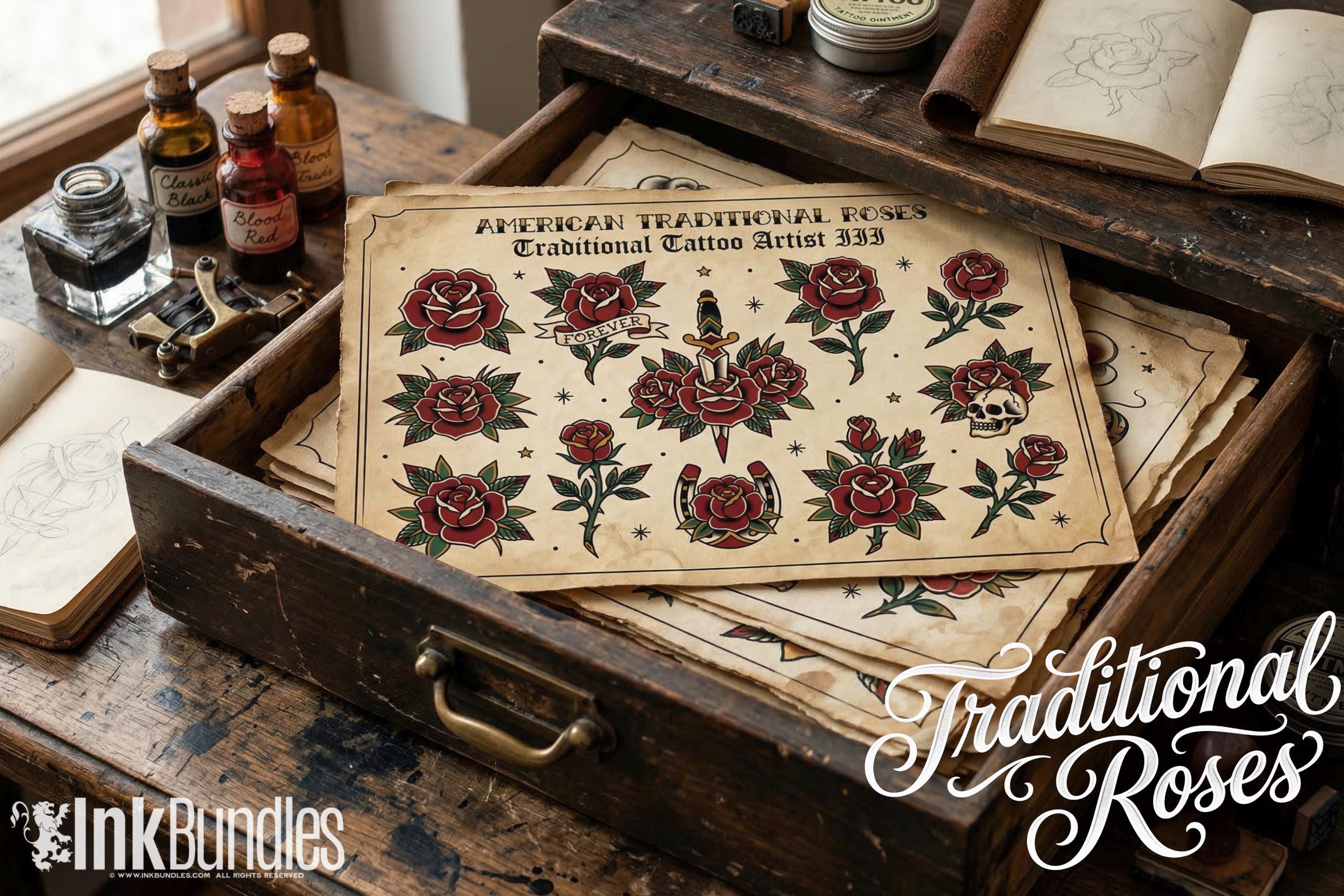 Traditional Tattoo Roses, 42 custom Procreate Stamps, artists reference library
