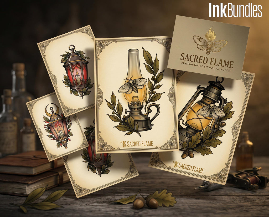 Fire & Torch Tattoo Toolkit, Flame, Lamp PNG Procreate Bundle, Tattoo Flash Brushset for Artists