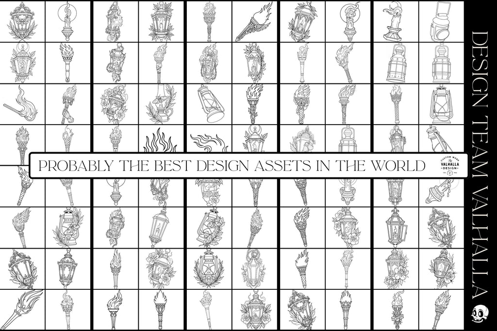 Fire & Torch Tattoo Toolkit, Flame, Lamp PNG Procreate Bundle, Tattoo Flash Brushset for Artists