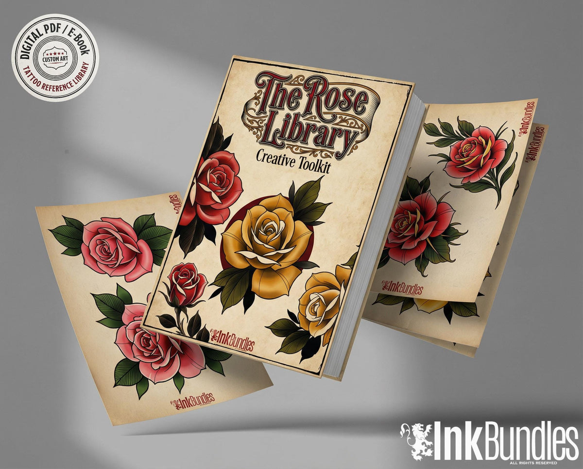 Rose Tattoo Flash PDF eBook | Neo Traditional Stencils | Old School Flower References & Coloring Pages