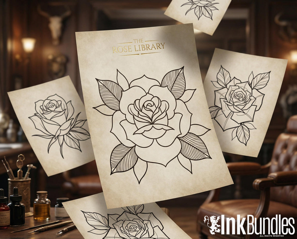 Rose Tattoo Flash PDF eBook | Neo Traditional Stencils | Old School Flower References & Coloring Pages