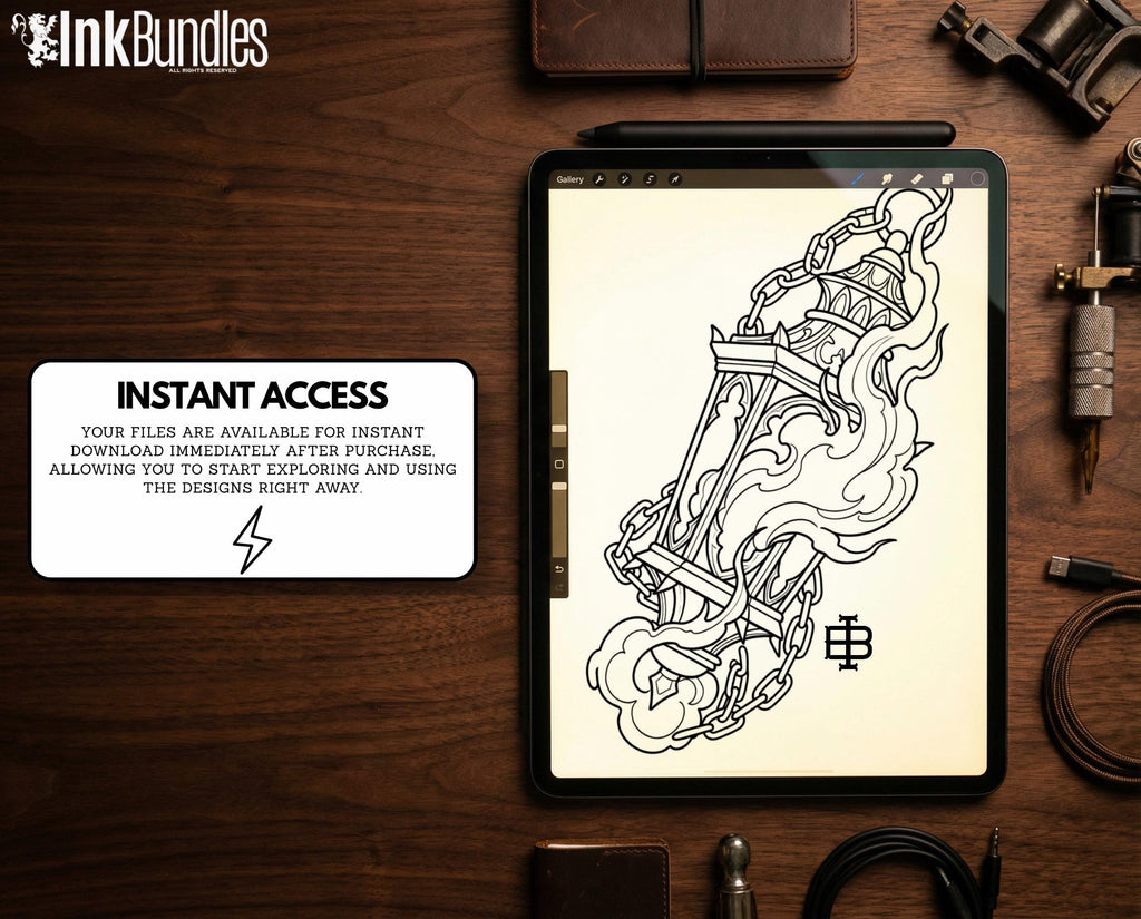 Fire & Torch Tattoo Toolkit, Flame, Lamp PNG Procreate Bundle, Tattoo Flash Brushset for Artists