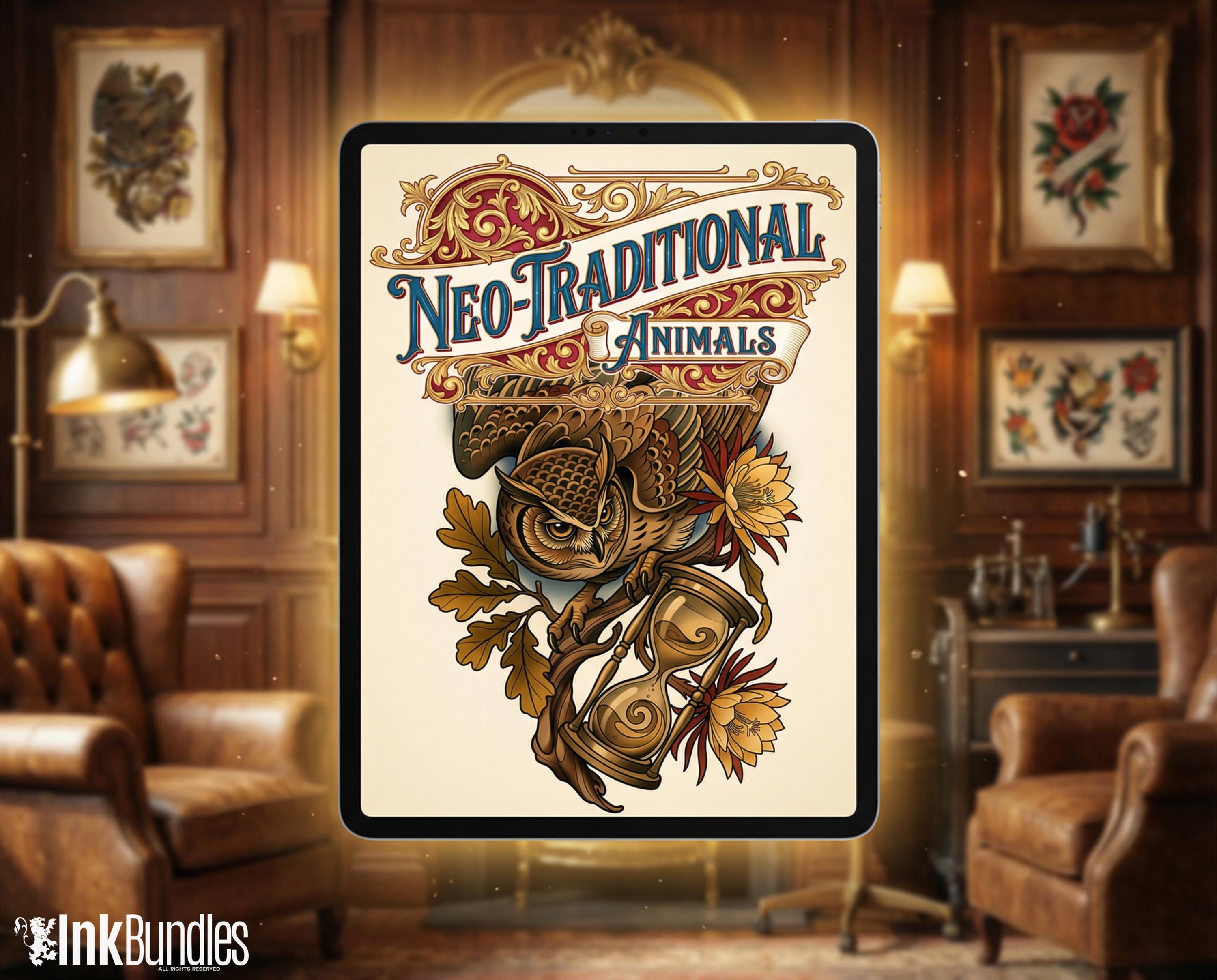 Neo Traditional Animal Tattoo Design Reference Kit, Procreate Brushset & PNG, Flash Stamps for Artists