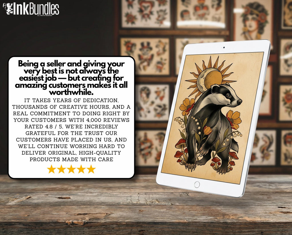 Neo Traditional Animal Tattoo Design Reference Kit, Procreate Brushset & PNG, Flash Stamps for Artists