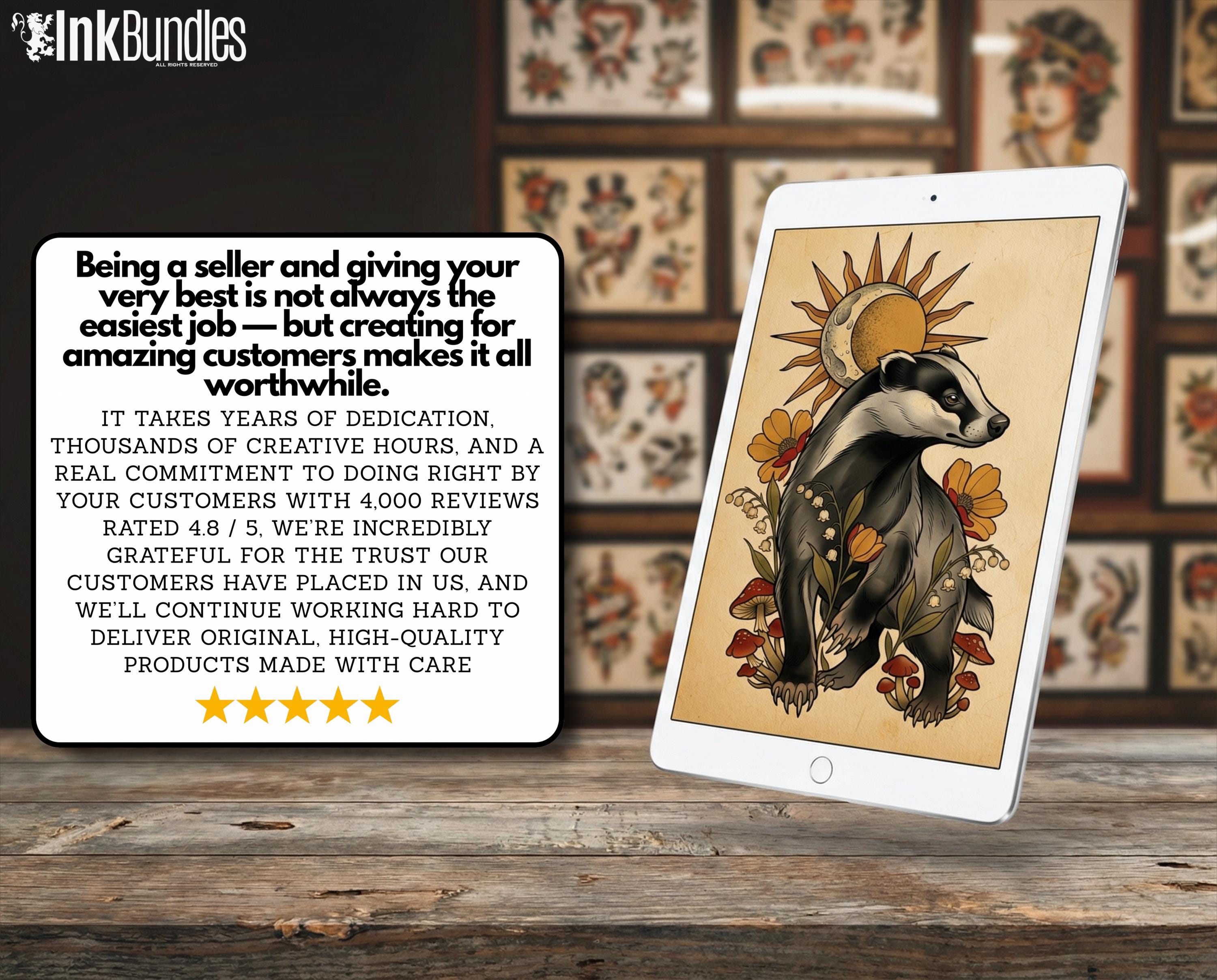 Neo Traditional Animal Tattoo Design Reference Kit, Procreate Brushset & PNG, Flash Stamps for Artists