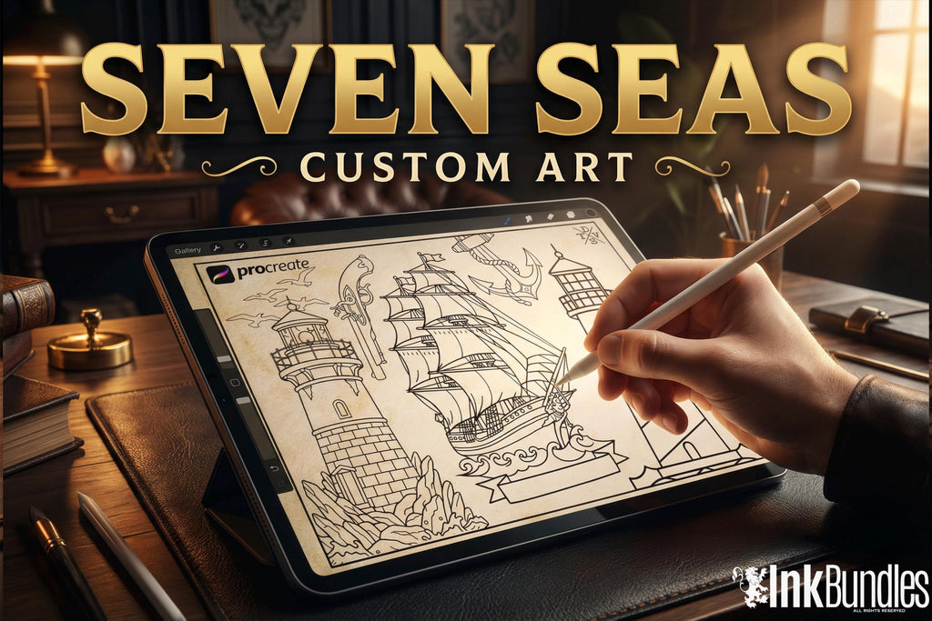 Traditional Nautical Tattoo Design kit - Procreate & PNG | 220+ Classic marine old-school Tattoo stencils