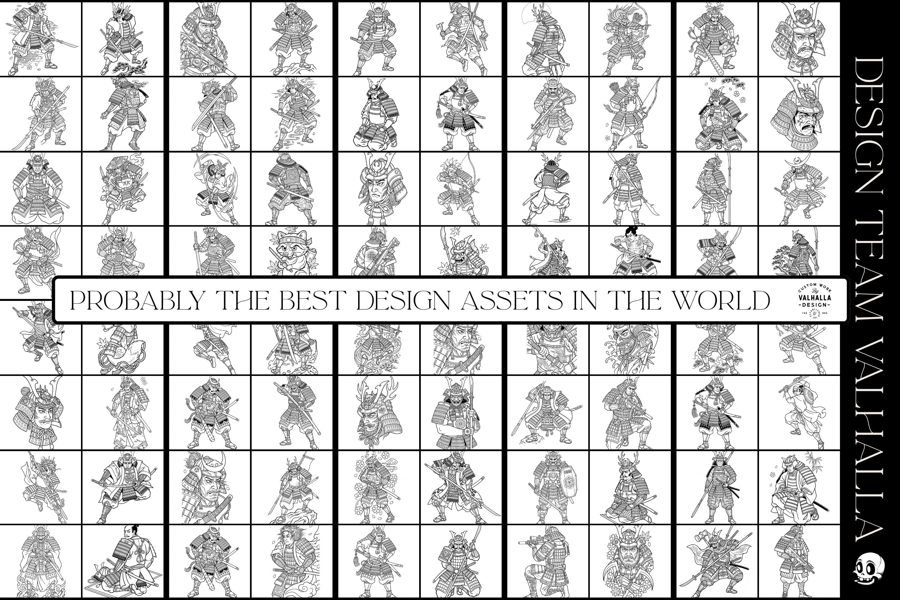 Bushido Samurai Tattoo Stencils, Japanese Warrior PNG Bundle & Procreate Stamp Brushes