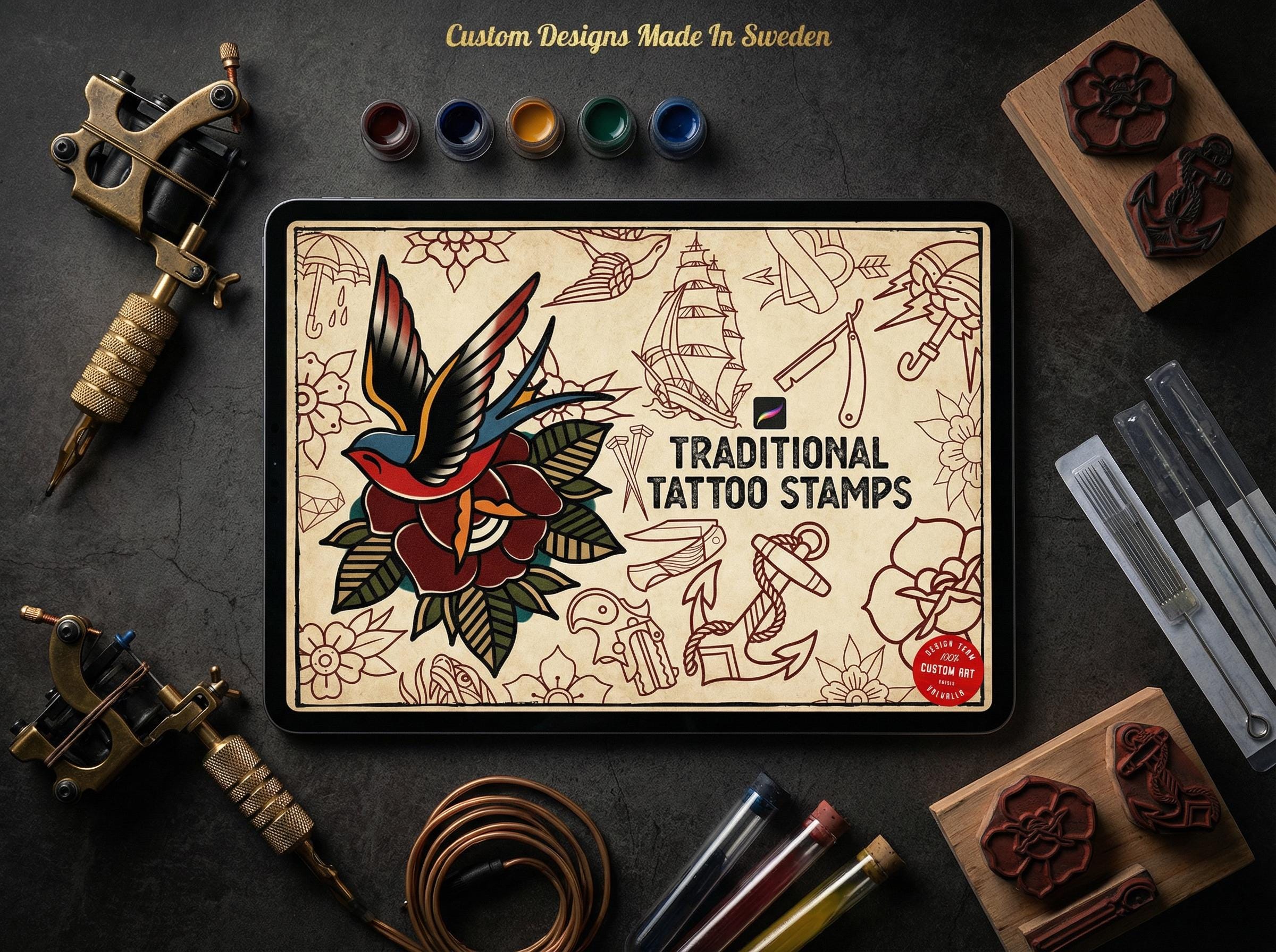 Traditional Tattoo Flash Procreate Stamps: Old School Designs PNG & Brushes