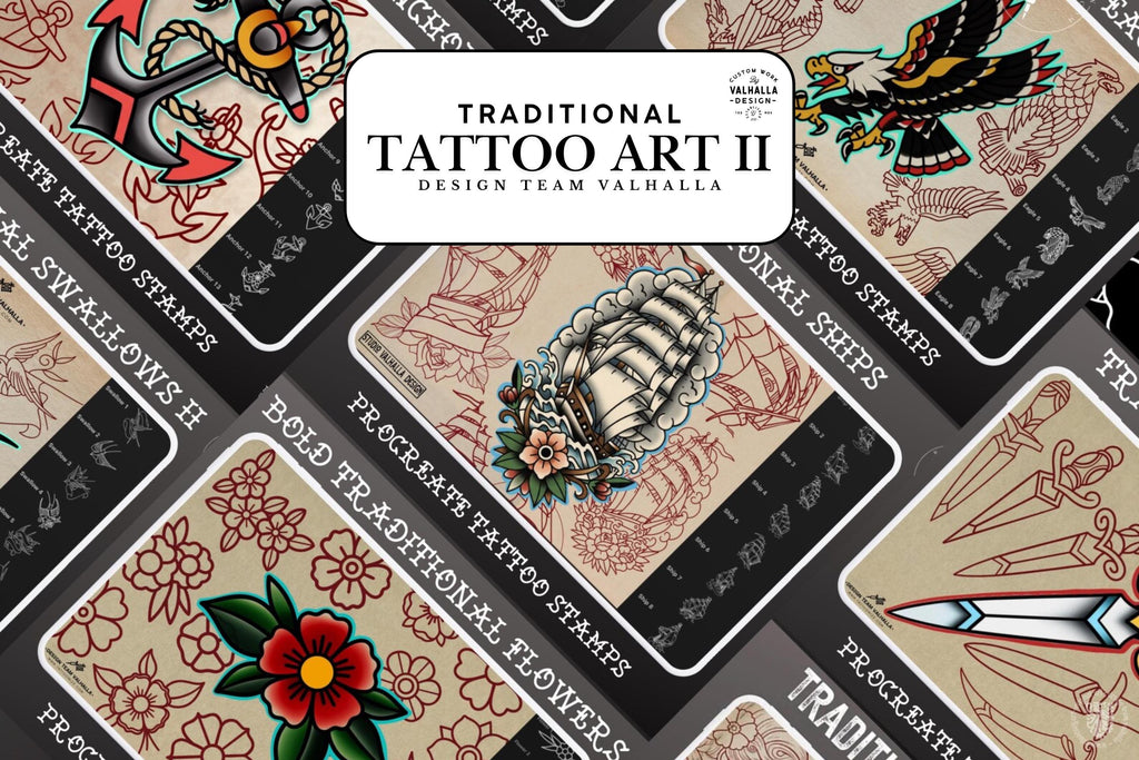 May include: A collection of traditional tattoo art designs, including anchors, ships, flowers, and daggers. The designs are displayed on a black background with the text "TRADITIONAL TATTOO ART II" and "DESIGN TEAM VALHALLA".
