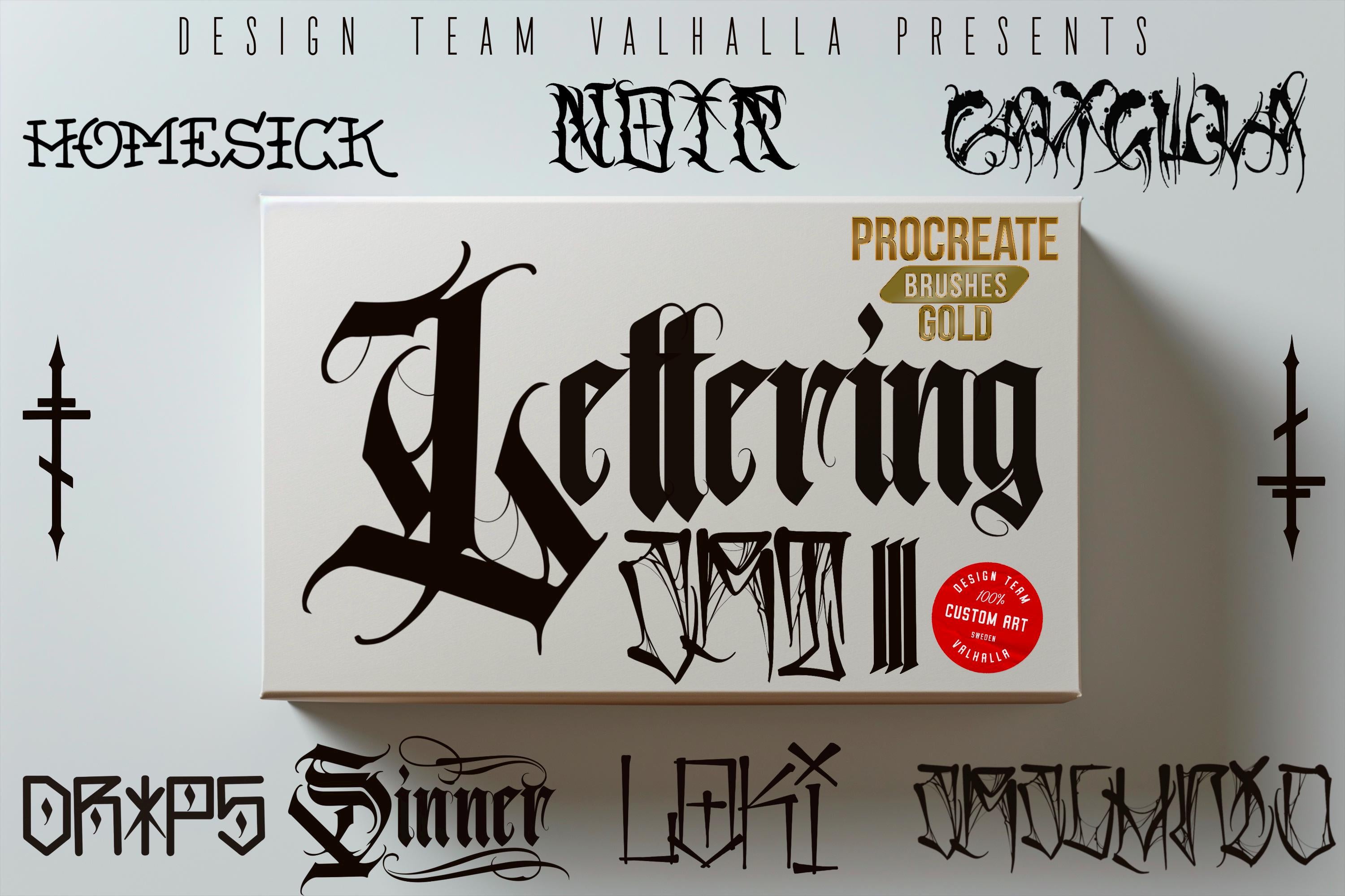 May include: A box of Procreate lettering brushes in gold. The box features the words "Lettering" and "Design Team Valhalla Presents" in a bold, black font. The box also includes a red circle with the words "100% Custom Art" in white.
