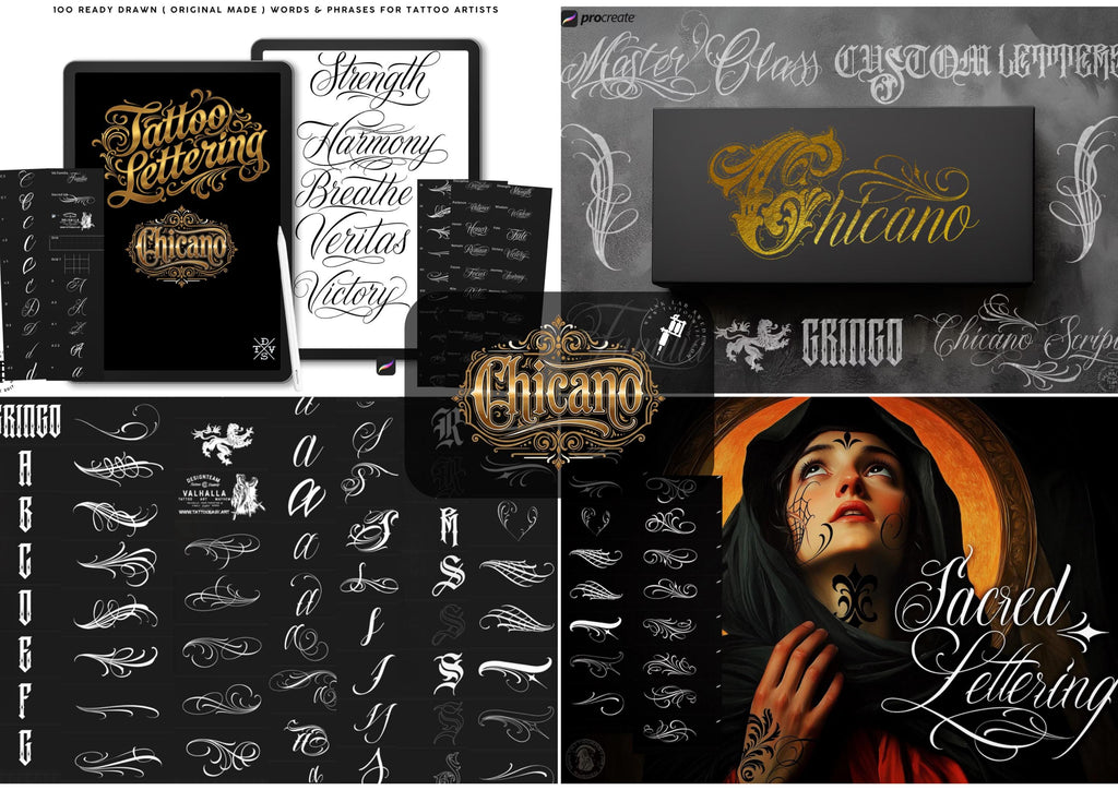 Chicano Lettering kit - Procreate XL | Cholo ( digital download ) Tattoo Fonts design kit