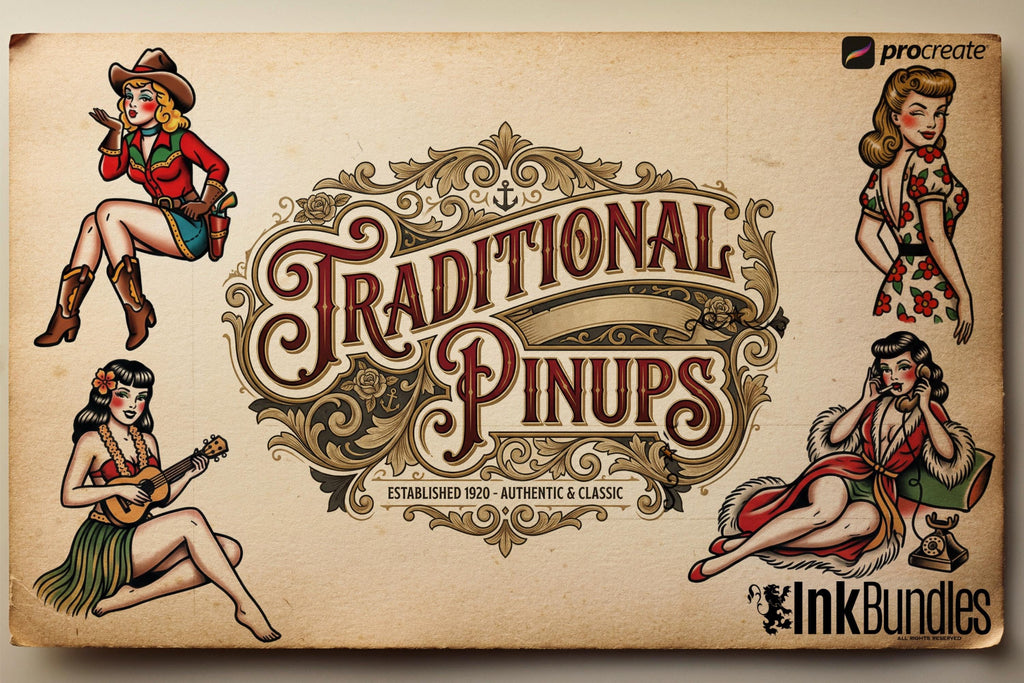 May include: Vintage-style illustration featuring four pinup girls and the words "Traditional Pinups." The women are depicted in various poses, including a cowgirl, a woman playing a ukulele, and a woman on the phone. The design is on a tan background.