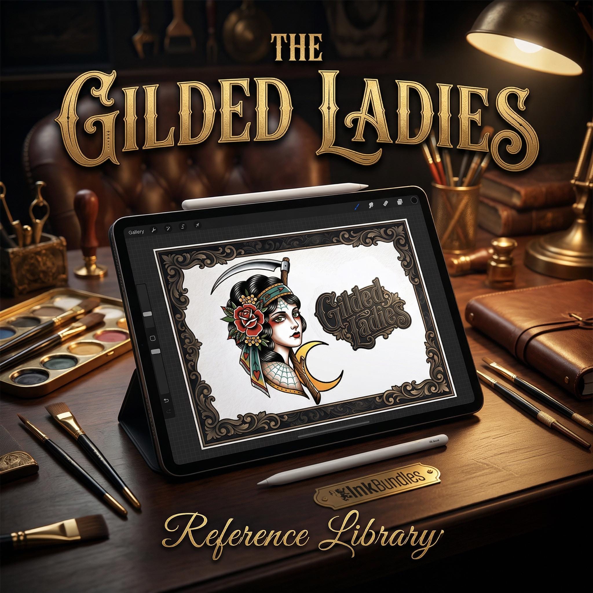The Gilded Ladies - Tattoo flash art, Procreate brushset, traditional / old school Stencils & references
