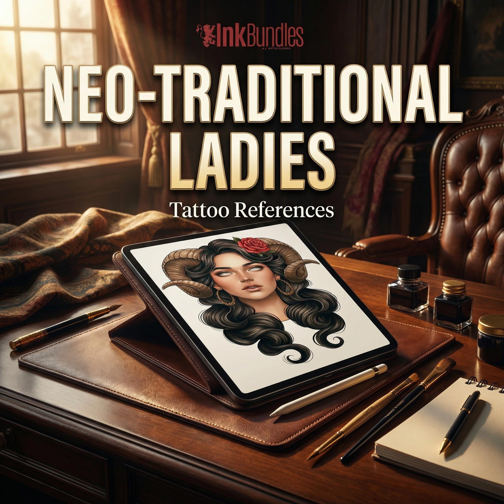 Neo-Traditional Tattoo References, Procreate Stamps & Flash Art, Procreate/Photoshop 300+