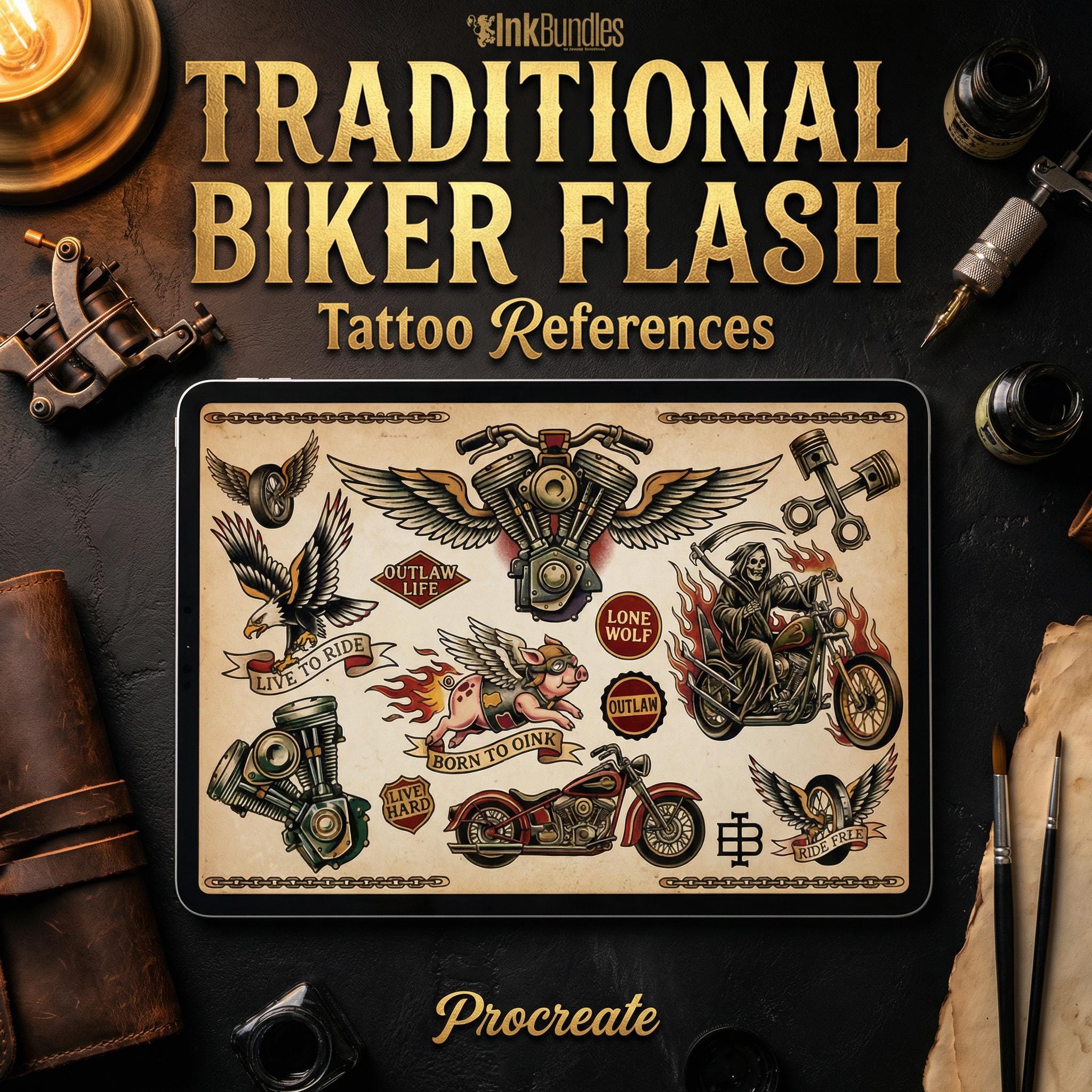 Traditional Biker Tattoo Design kit - Procreate & PNG | 100+ old-school Tattoo stencils
