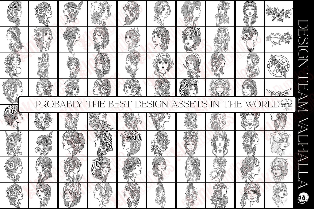 The Gilded Ladies - Tattoo flash art, Procreate brushset, traditional / old school Stencils & references