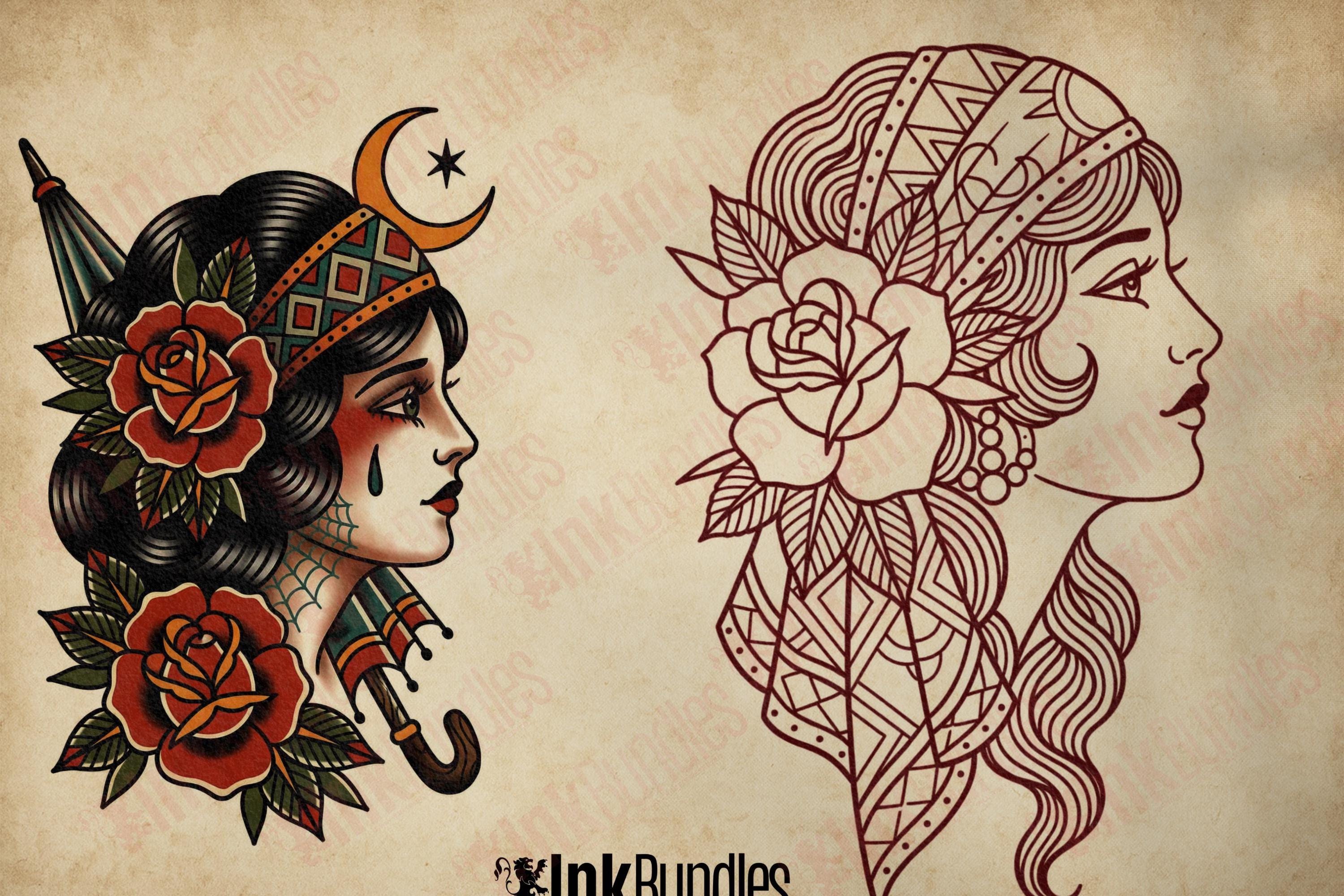 The Gilded Ladies - Tattoo flash art, Procreate brushset, traditional / old school Stencils & references