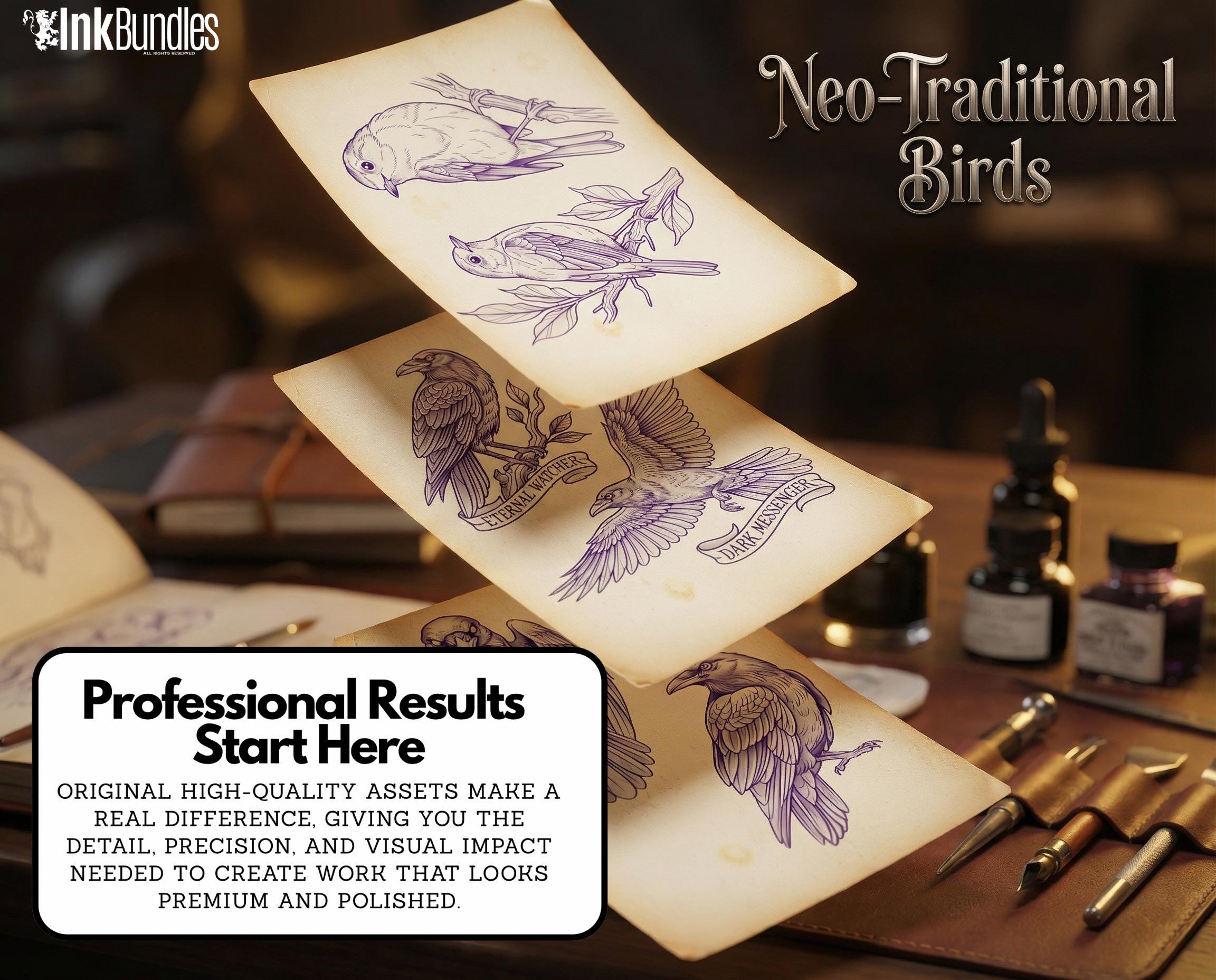 Neo Traditional Birds Tattoo Reference Kit, Procreate Stamps + PNG, 100+ Original Designs