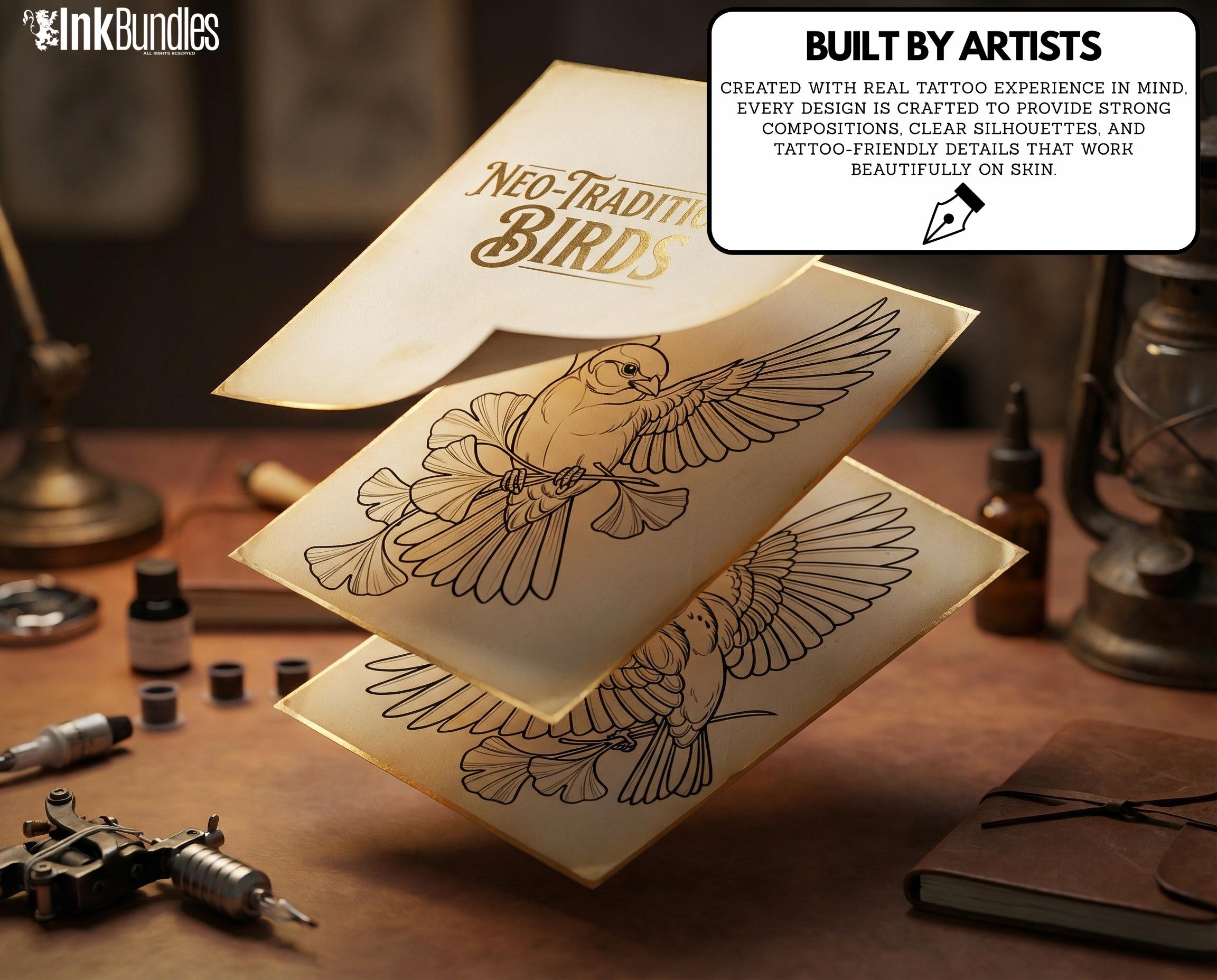 Neo Traditional Birds Tattoo Reference Kit, Procreate Stamps + PNG, 100+ Original Designs