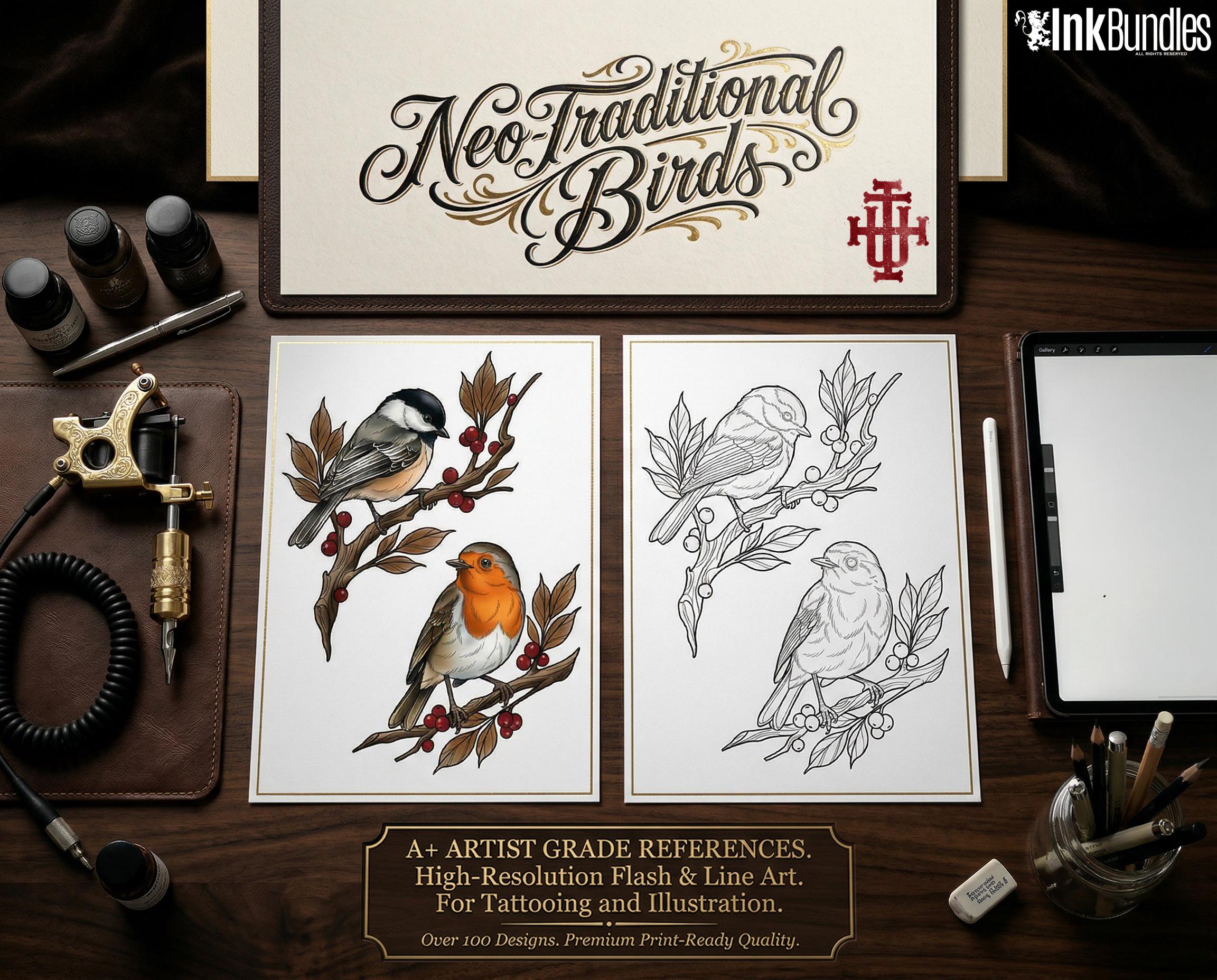 Neo Traditional Birds Tattoo Reference Kit, Procreate Stamps + PNG, 100+ Original Designs