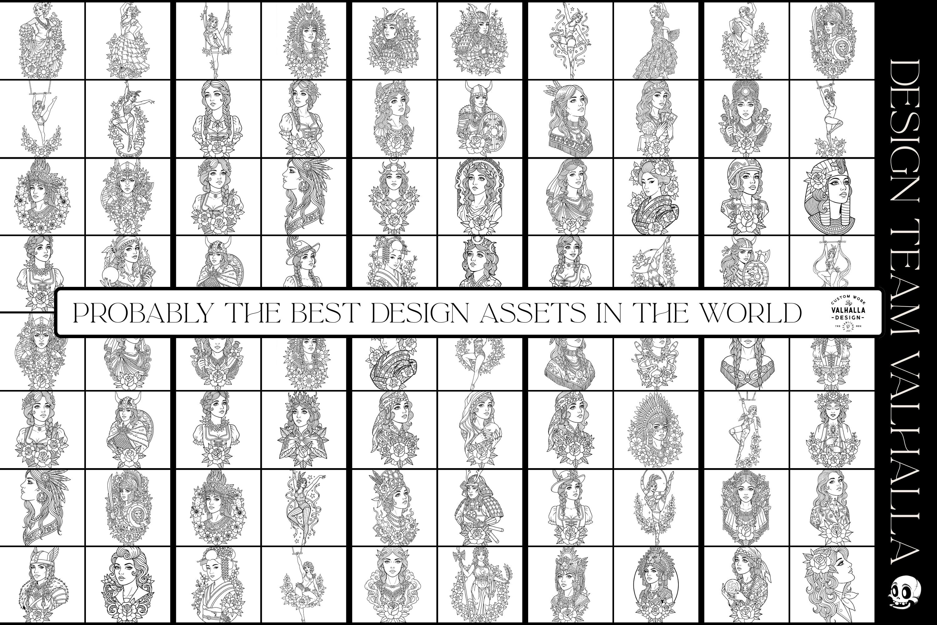 Procreate Tattoo Stamp Brushes, Traditional ladies vol.2 ~ 70 designs