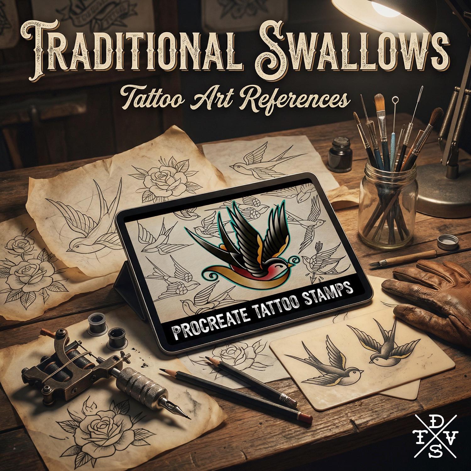 Tattoo references, 100 files | Traditional Swallows Flash Art (Digital Download) Procreate, PNG | SVG | EPS