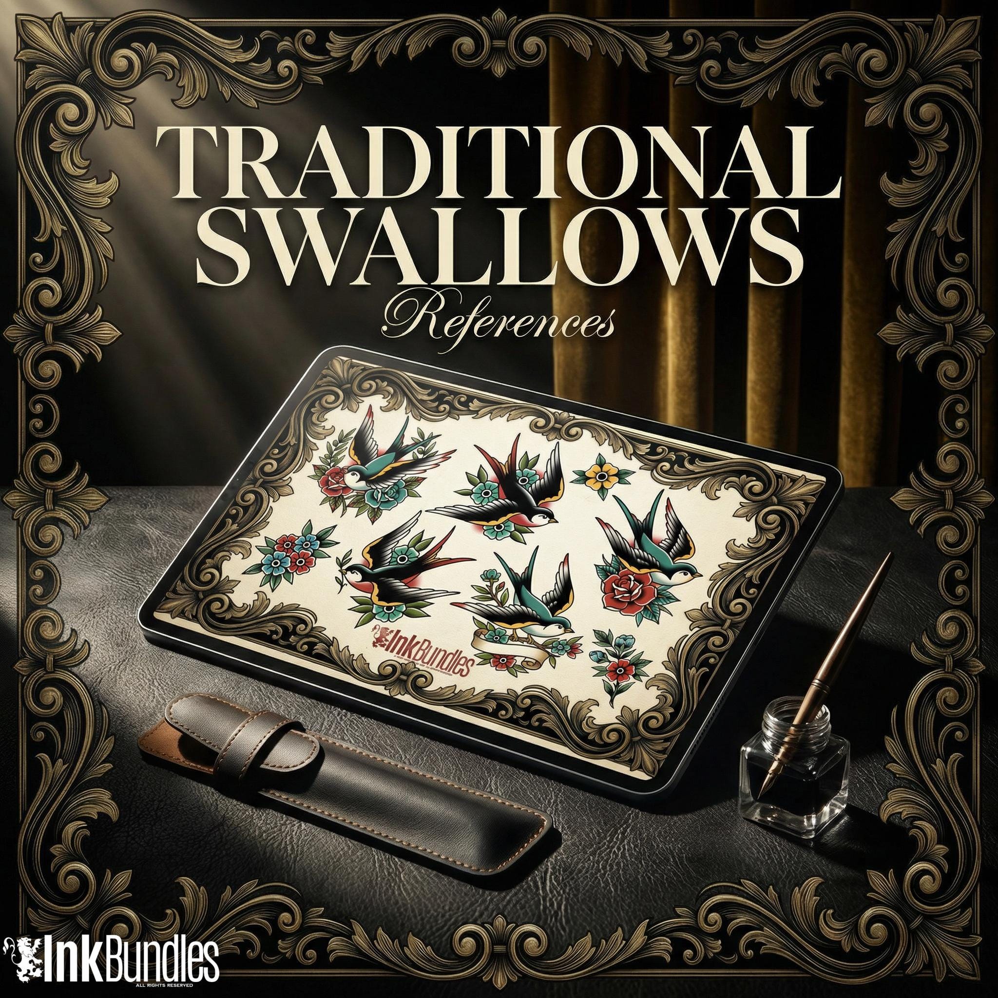 Traditional Swallows Tattoo Design kit - Procreate | 100+ Classic Swallow Tattoos, Old School Stencils